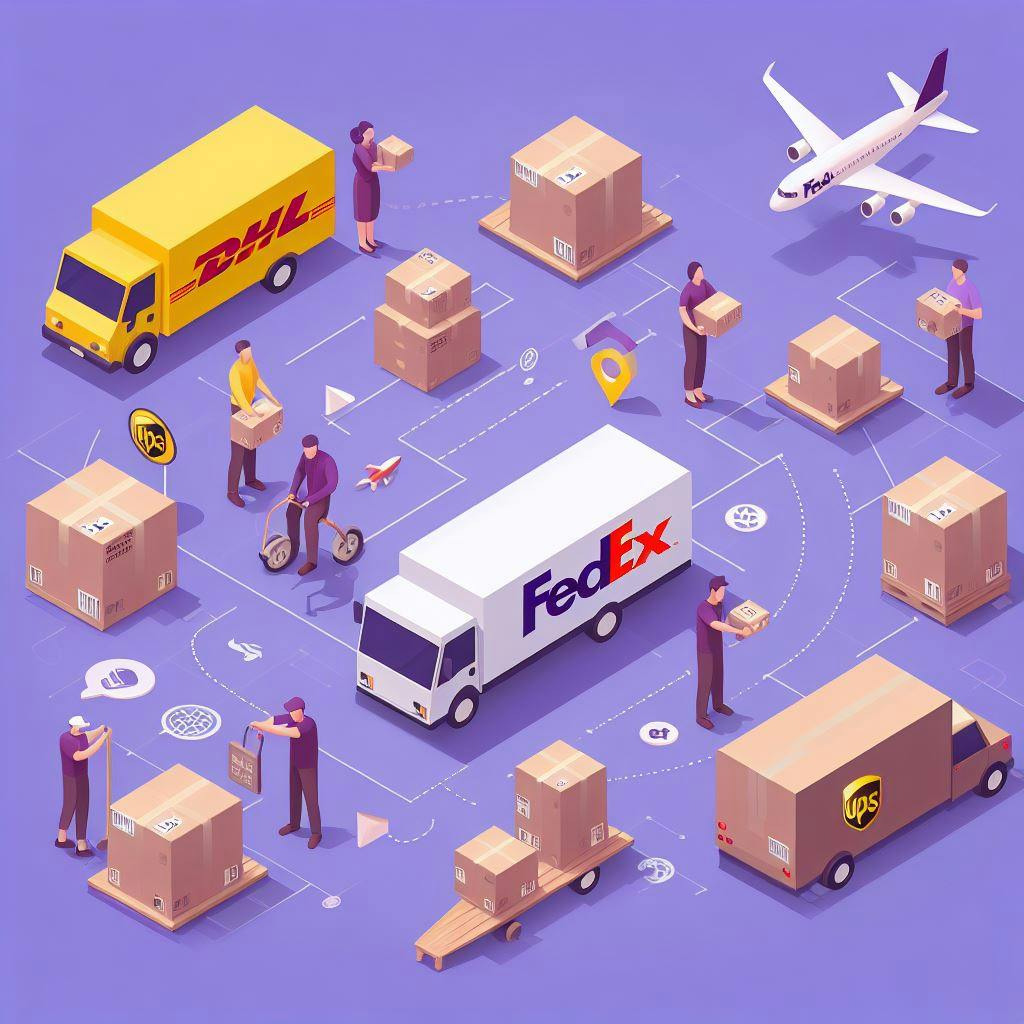 Different courier company trucks between shipping shipping package bulks and workers carrying them. Different courier company trucks between shipping shipping package bulks and workers carrying them.