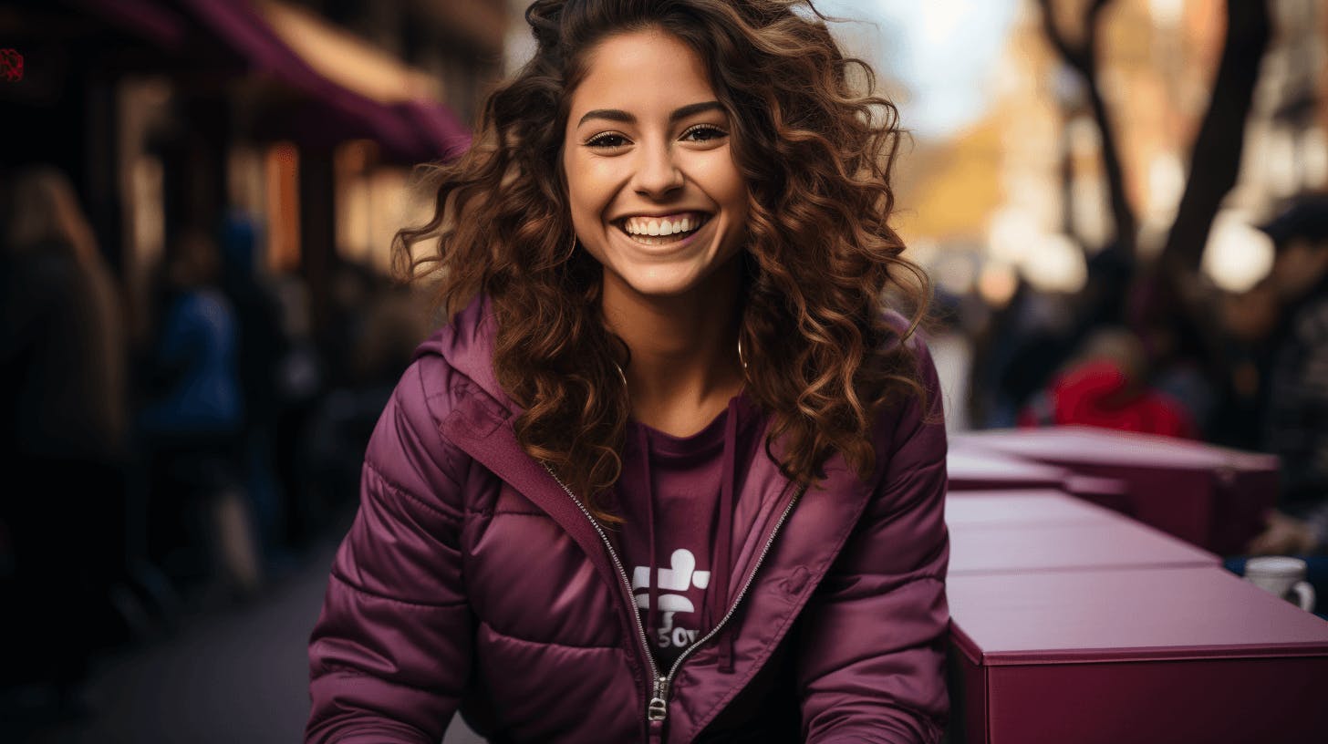 A joyful young woman with curly brown hair smiles brightly, wearing a purple jacket and a shirt with a logo A joyful young woman with curly brown hair smiles brightly, wearing a purple jacket and a shirt with a logo