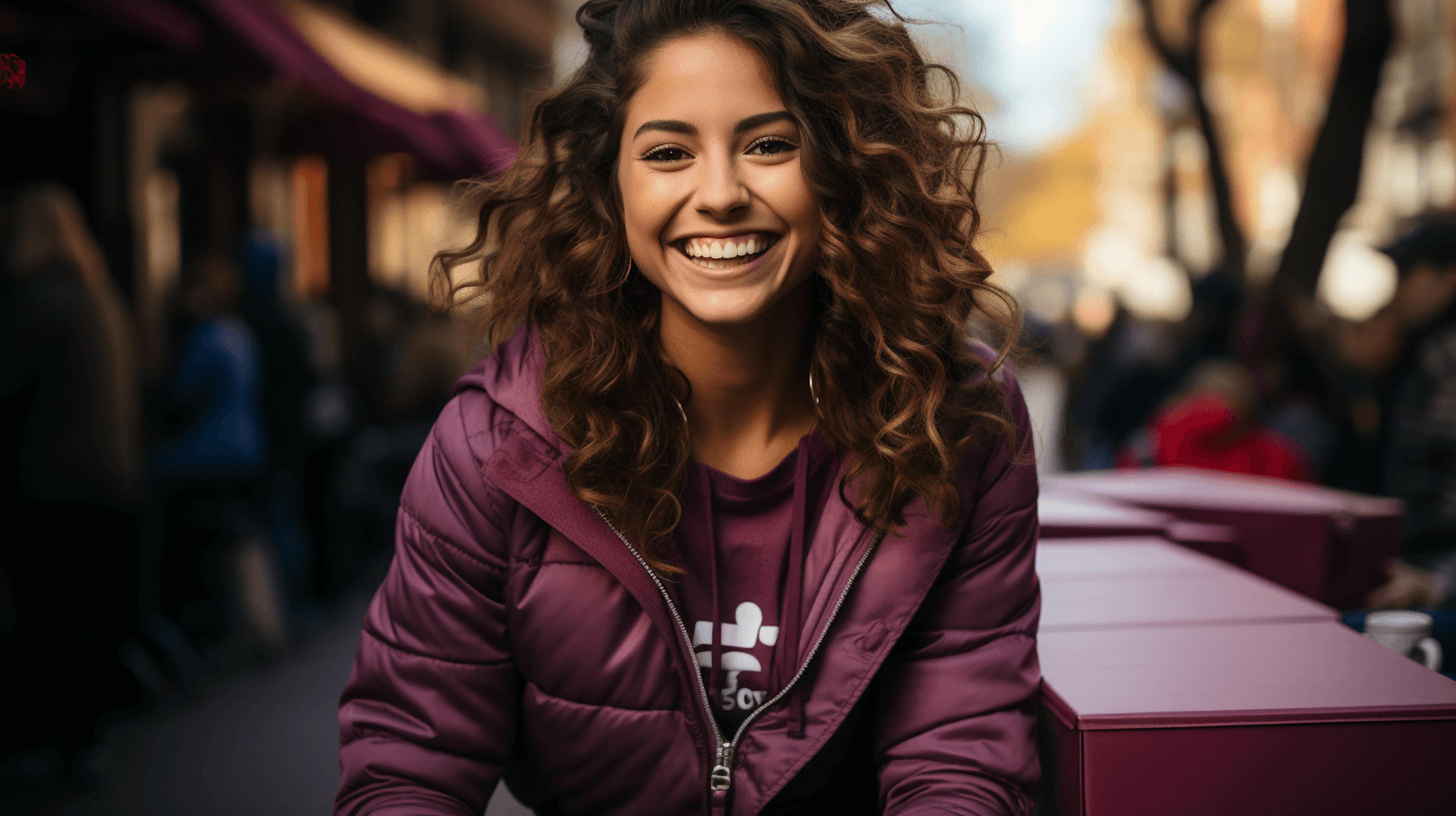 A joyful young woman with curly brown hair smiles brightly, wearing a purple jacket and a shirt with a logo