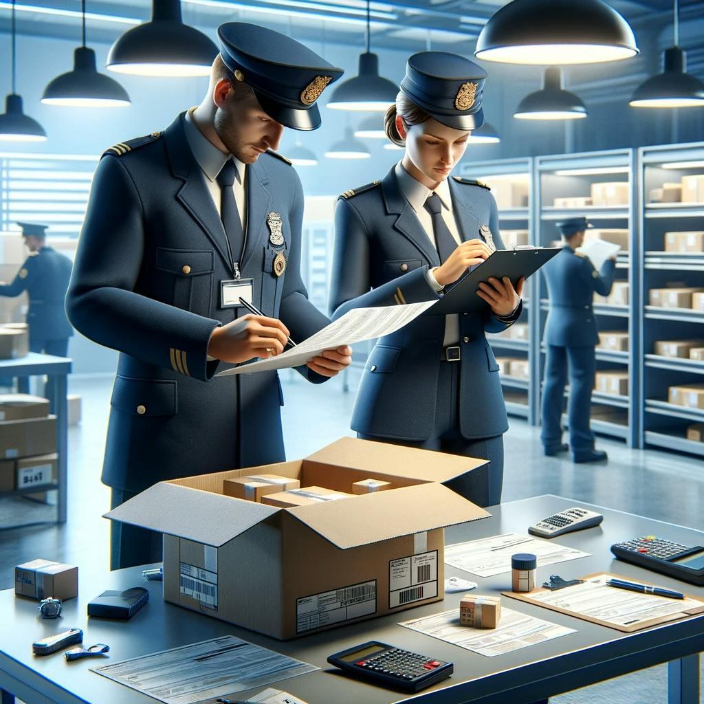customs officers inspecting a package that has been shipped internationally in a realistic setting customs officers inspecting a package that has been shipped internationally in a realistic setting