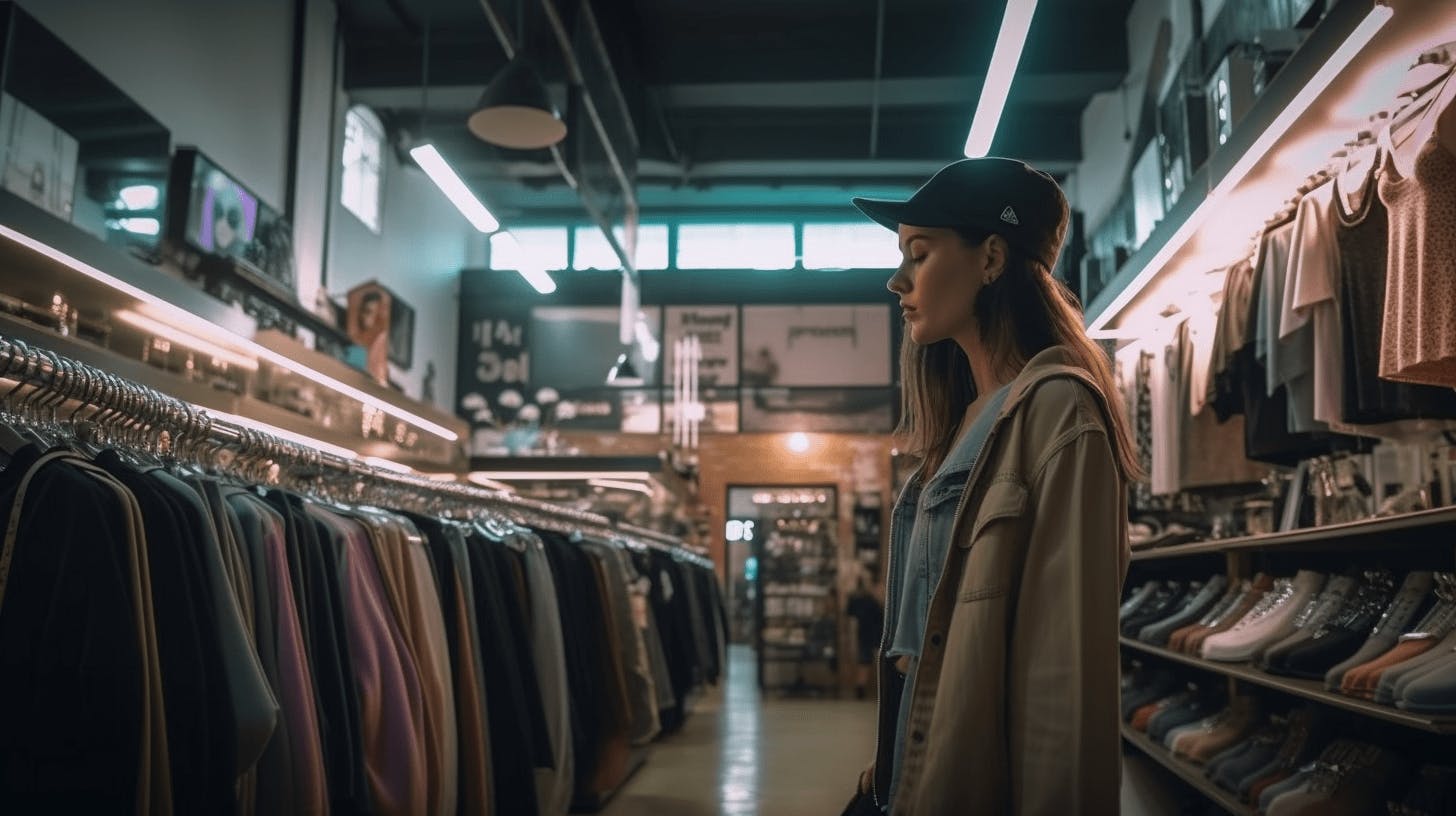 A girl is standing inside a fashion store, browsing through the clothes. She is carefully looking through the racks and seems to be searching for something in particular. The store is well-lit and filled with clothing displays and shelves in the background.