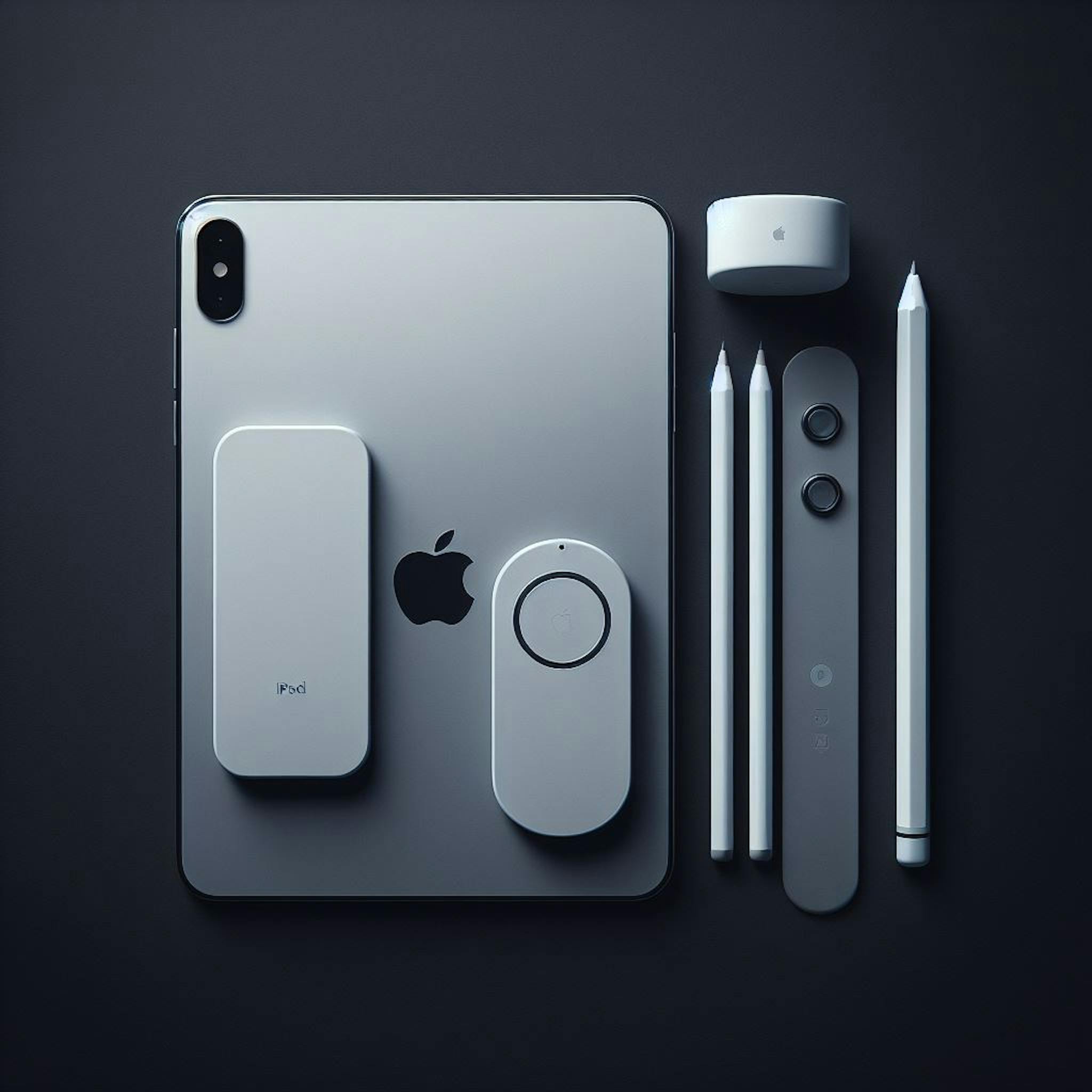 iPhone, iPad, AirTag and AirPencil on a black background. 