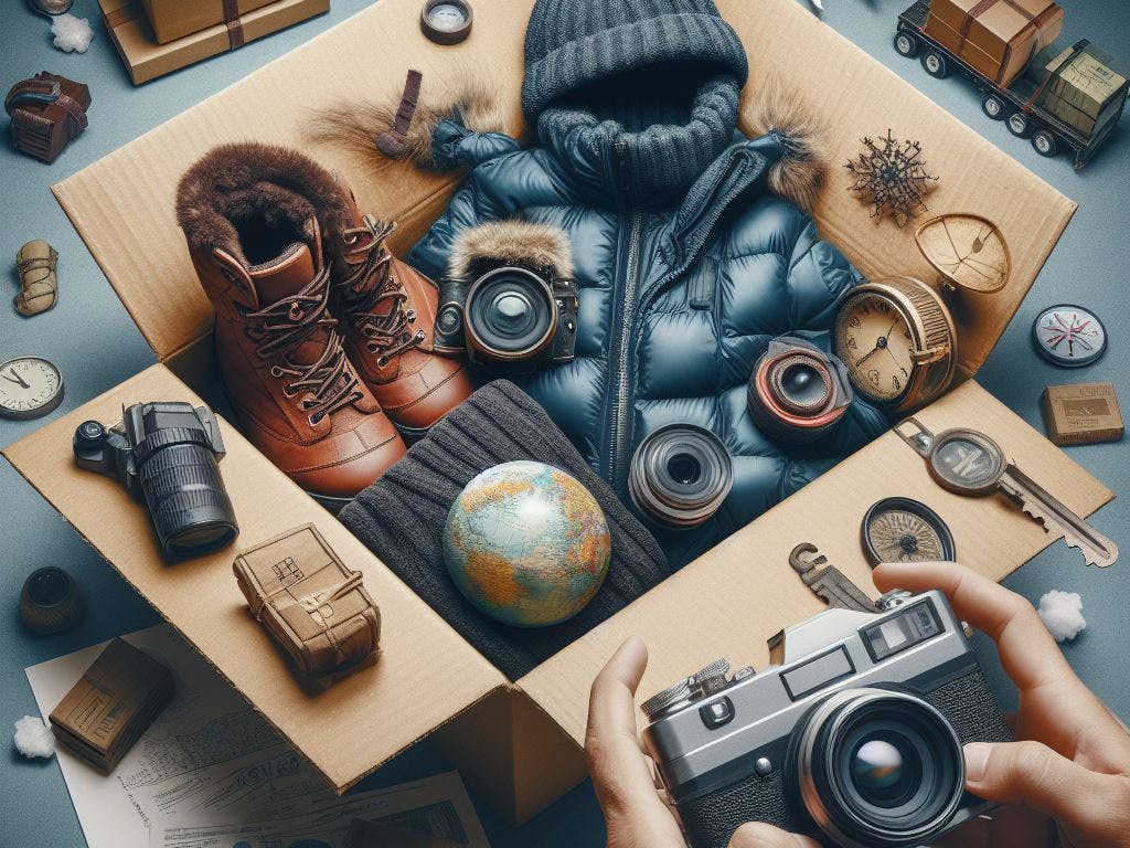A person packing winter gear to ship internationally. 