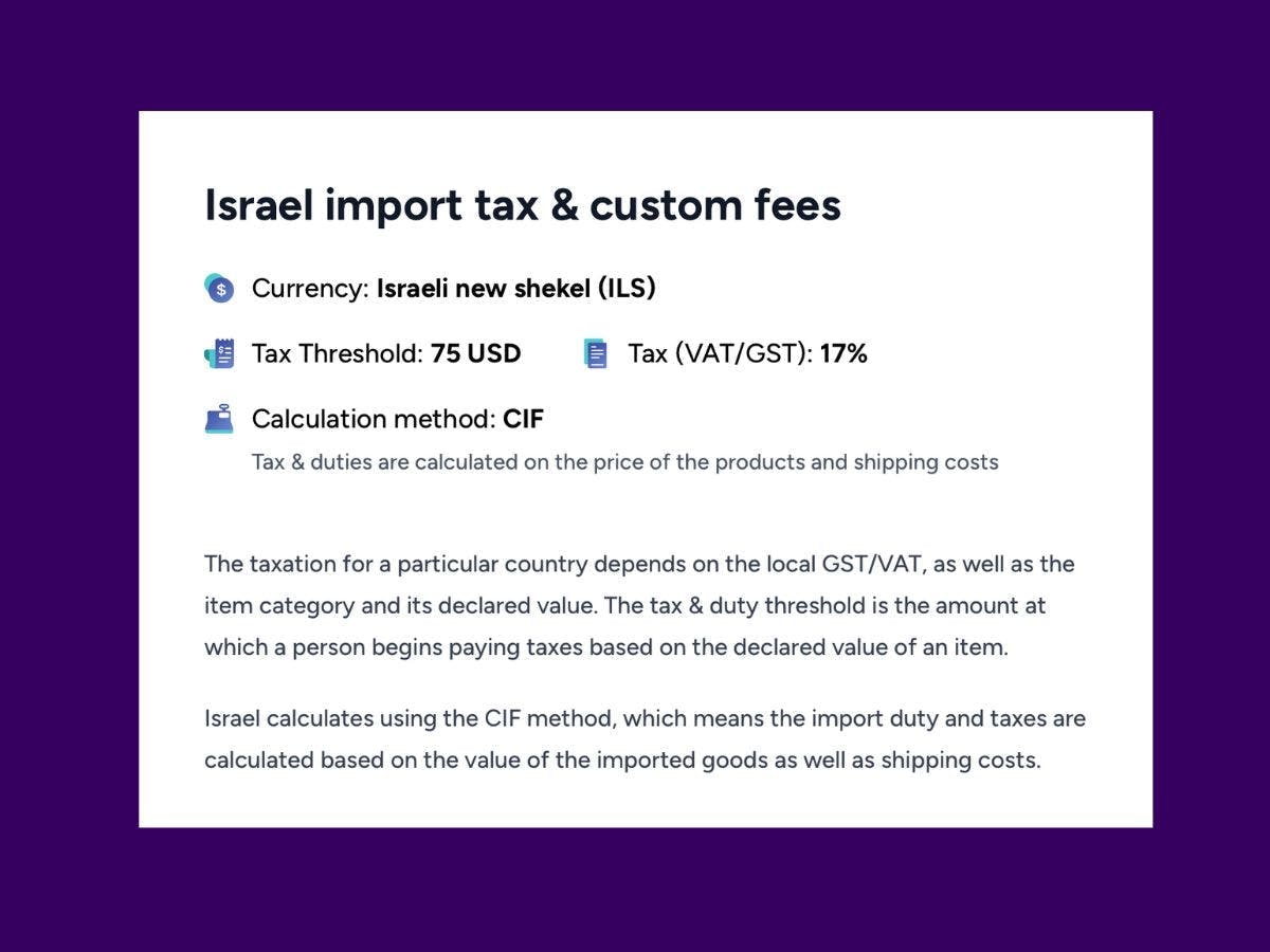 Tax rate for shipping to Israel from the US. 