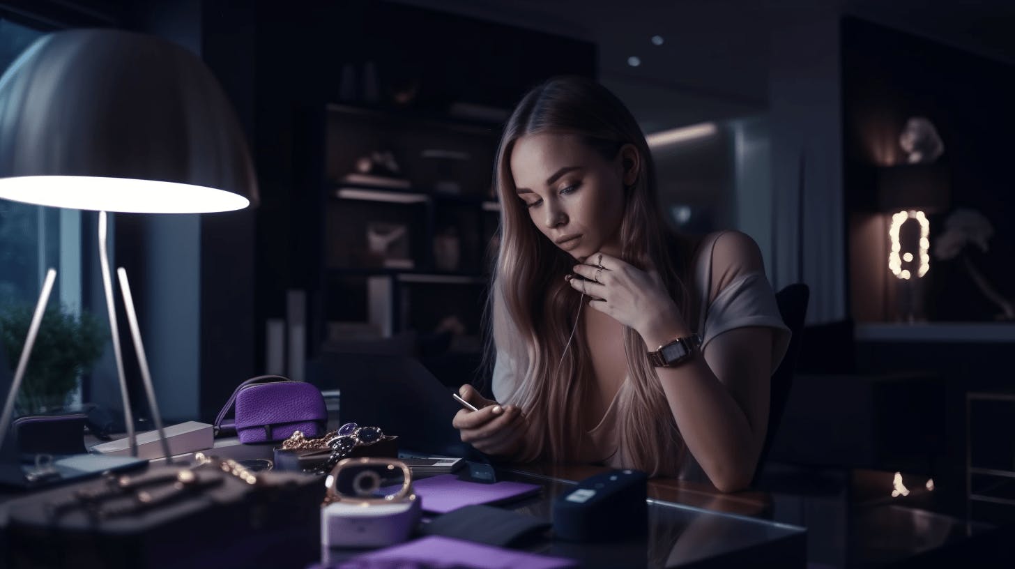 A woman sitting on a chair attentively examining her table under bright light