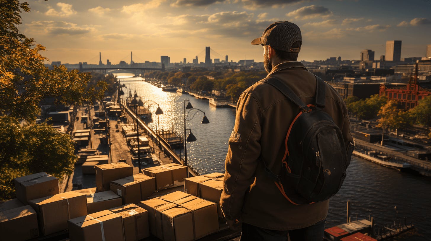 A man standing in front of shipping boxes in noon time.