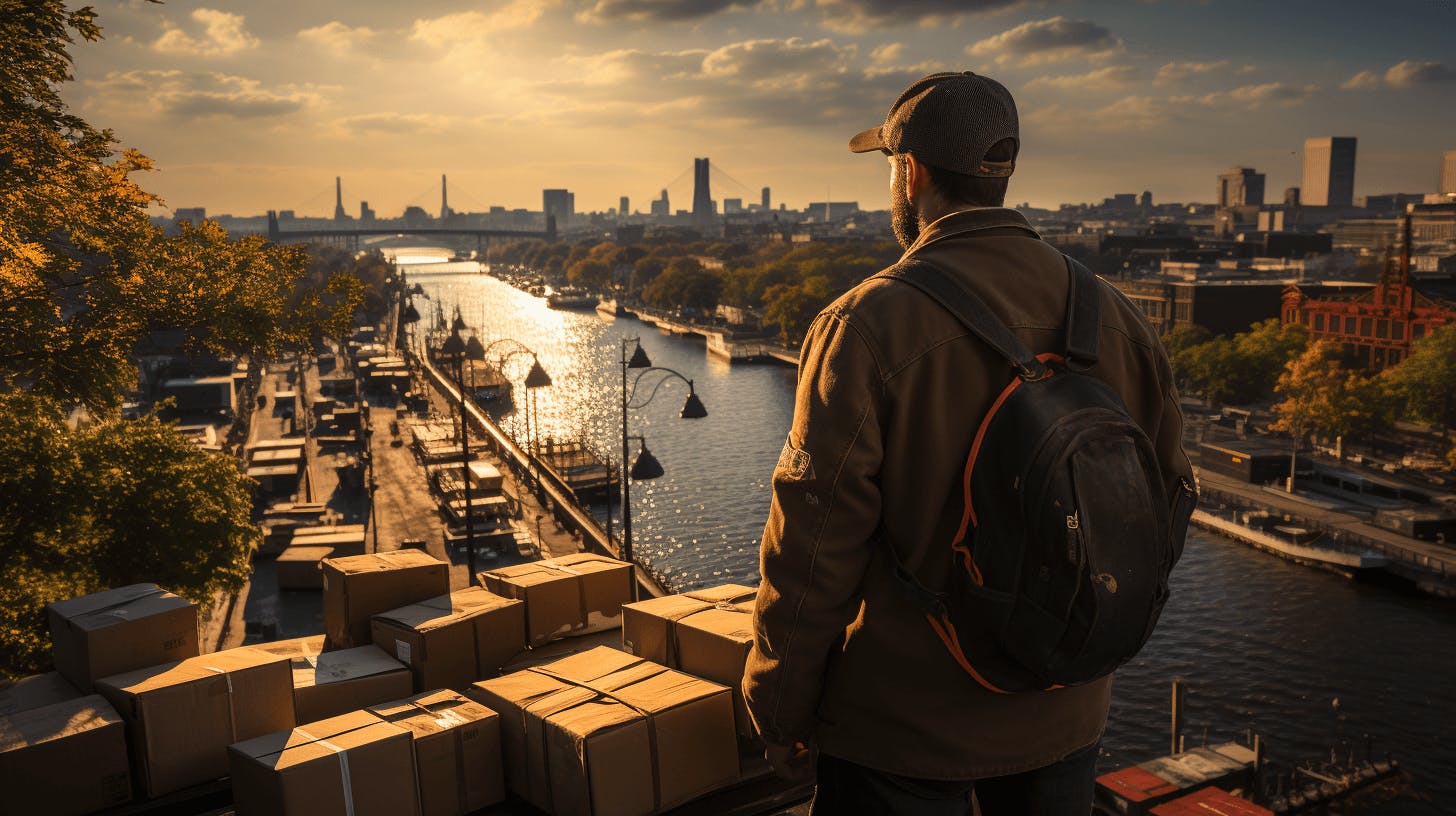 A man standing in front of  shipping boxes in noon time. 