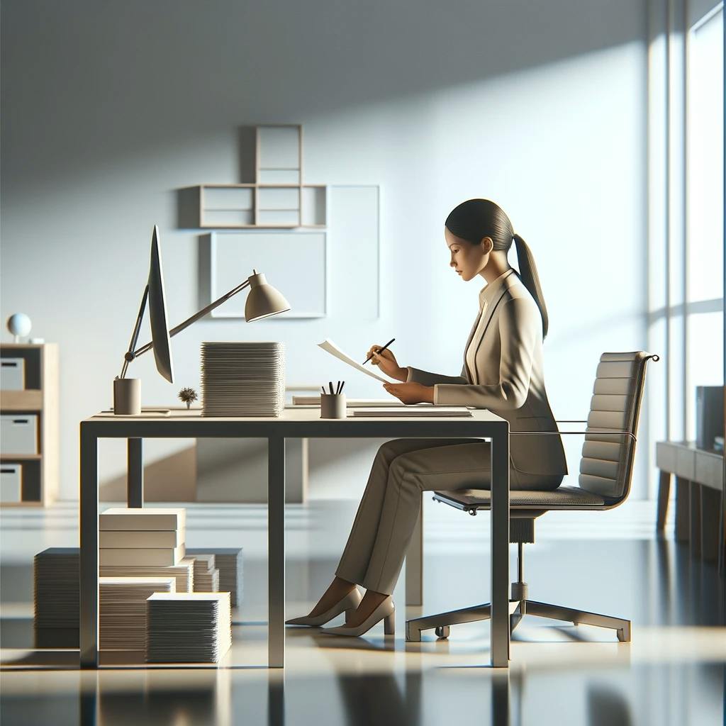 A woman dealing with paperwork in a office. 