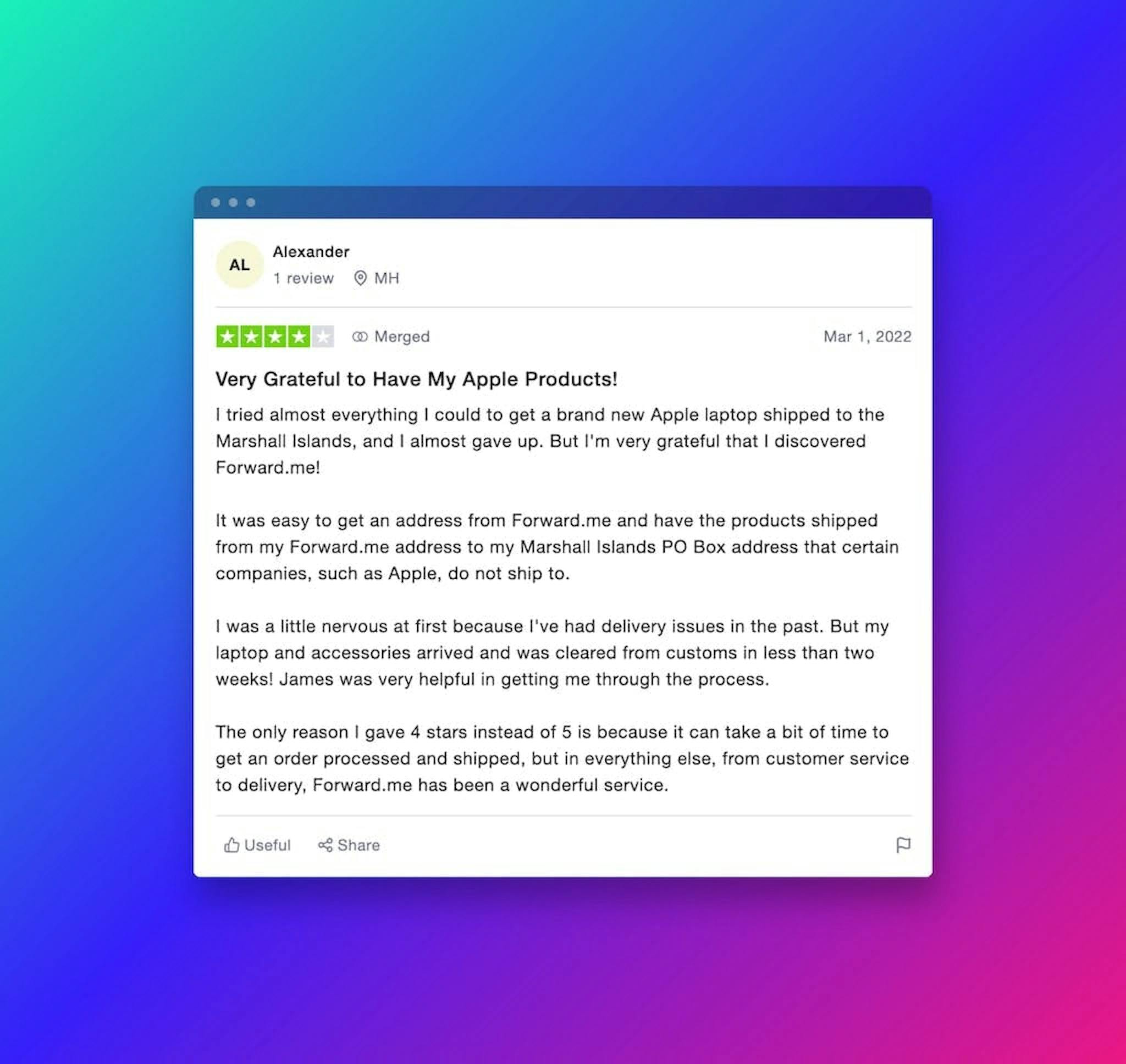 Customer review for Forwardme due to Apple products