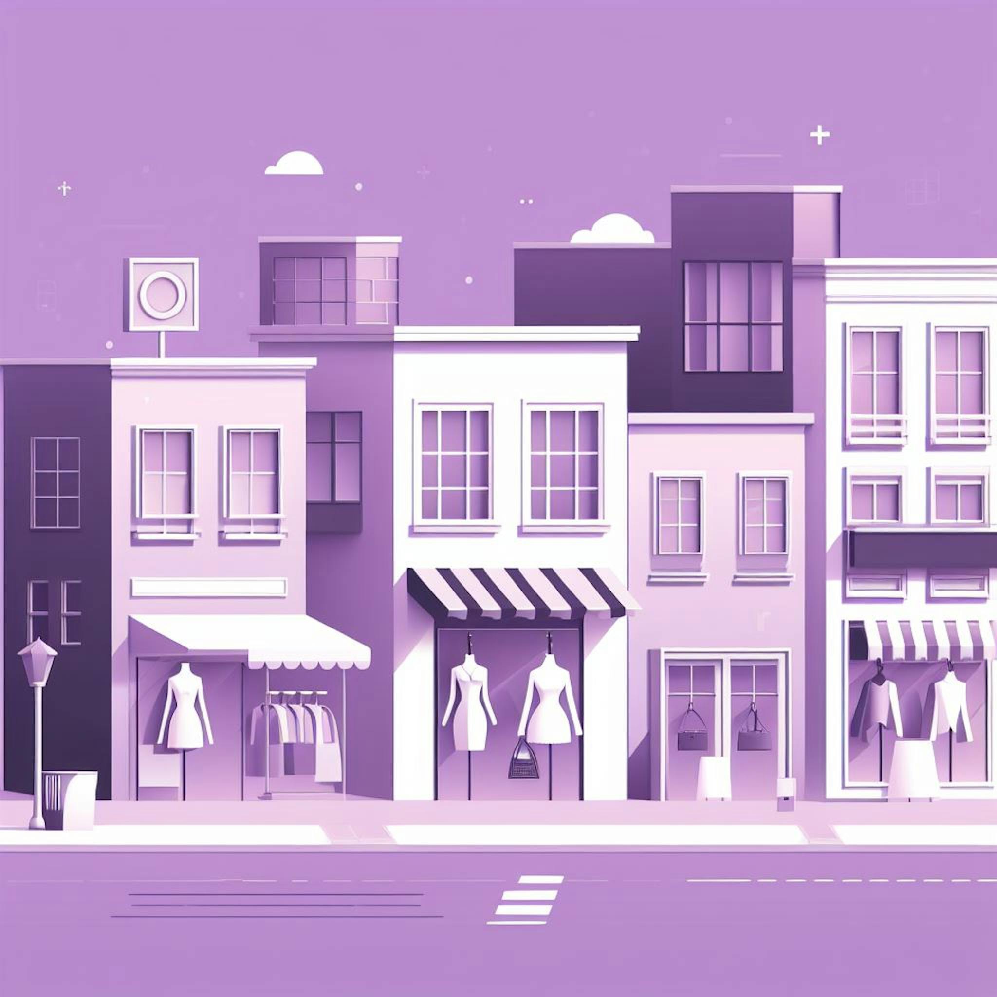 A few woman clothing stores side by side on a purple background. 