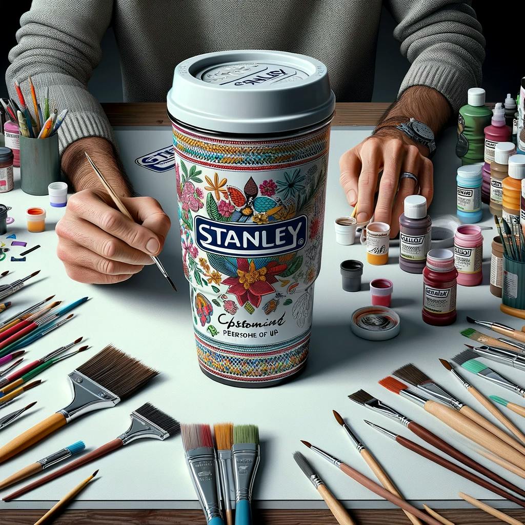 customization of a Stanley drinkware for personal use, with someone artistically decorating the cup. customization of a Stanley drinkware for personal use, with someone artistically decorating the cup.