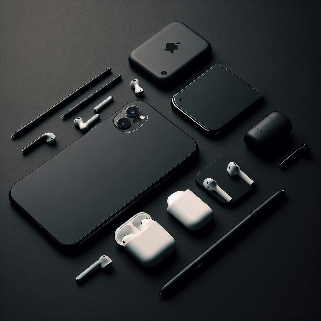 iPhone, AirPods, and Apple products on a black background. 