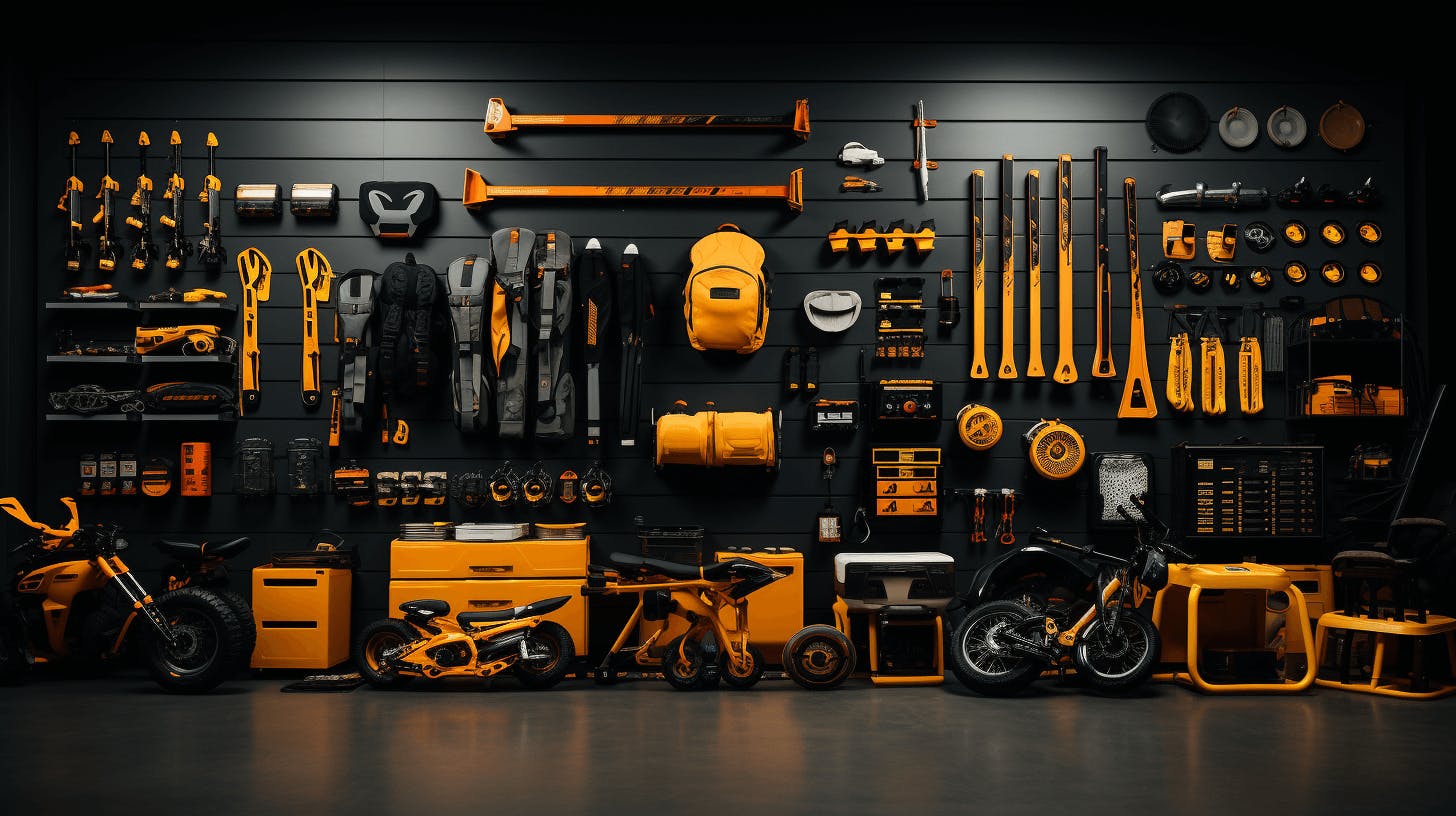 equipment, tools and motorcycles on the wall of a garage
