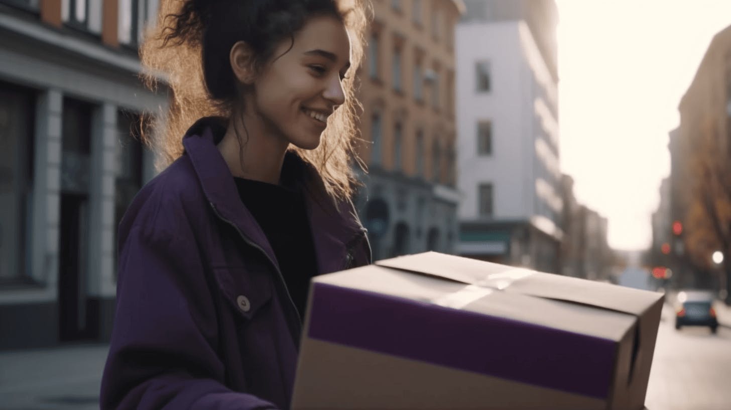 a woman carrying a box in the city on a sunny day, in the style of dark purple and purple, 32k uhd, smilecore, candid moments, subtle, advertisement inspired, close-up