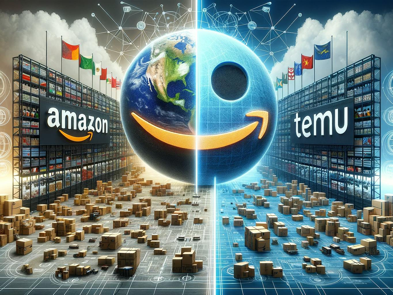 a comparison between Amazon and Temu, showcasing the contrasts between these two online shopping giants in terms of their brand recognition, global presence, and operational focus.