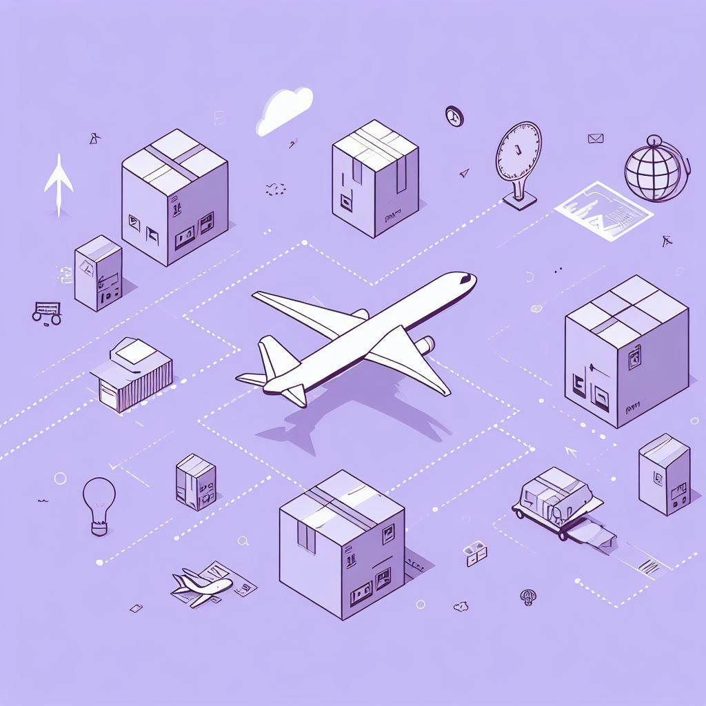 A plane in the middle of image surrounded by shipping packages to show international shipments. 
