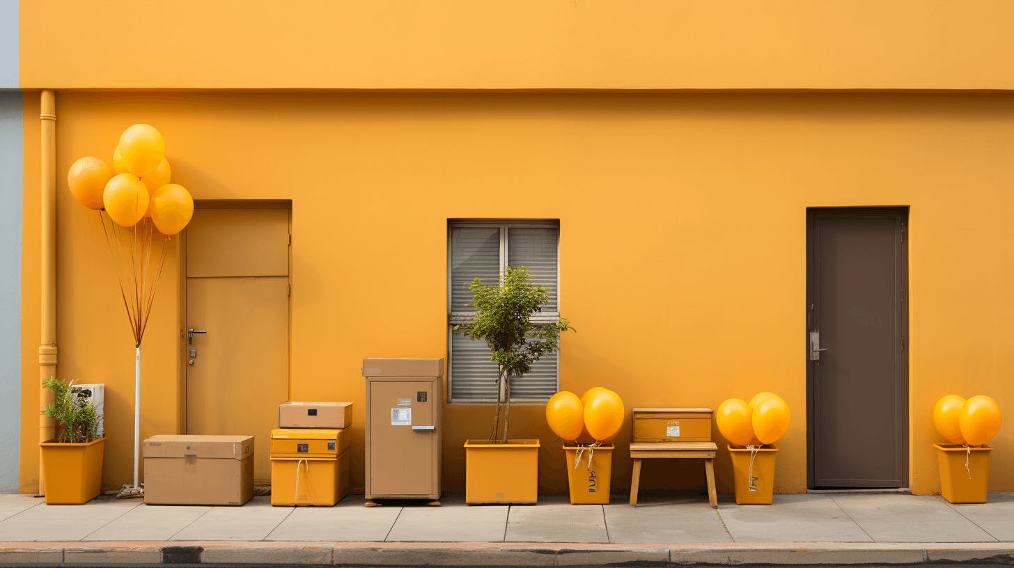 yellow wall with yellow balloons and flowers in pots on it