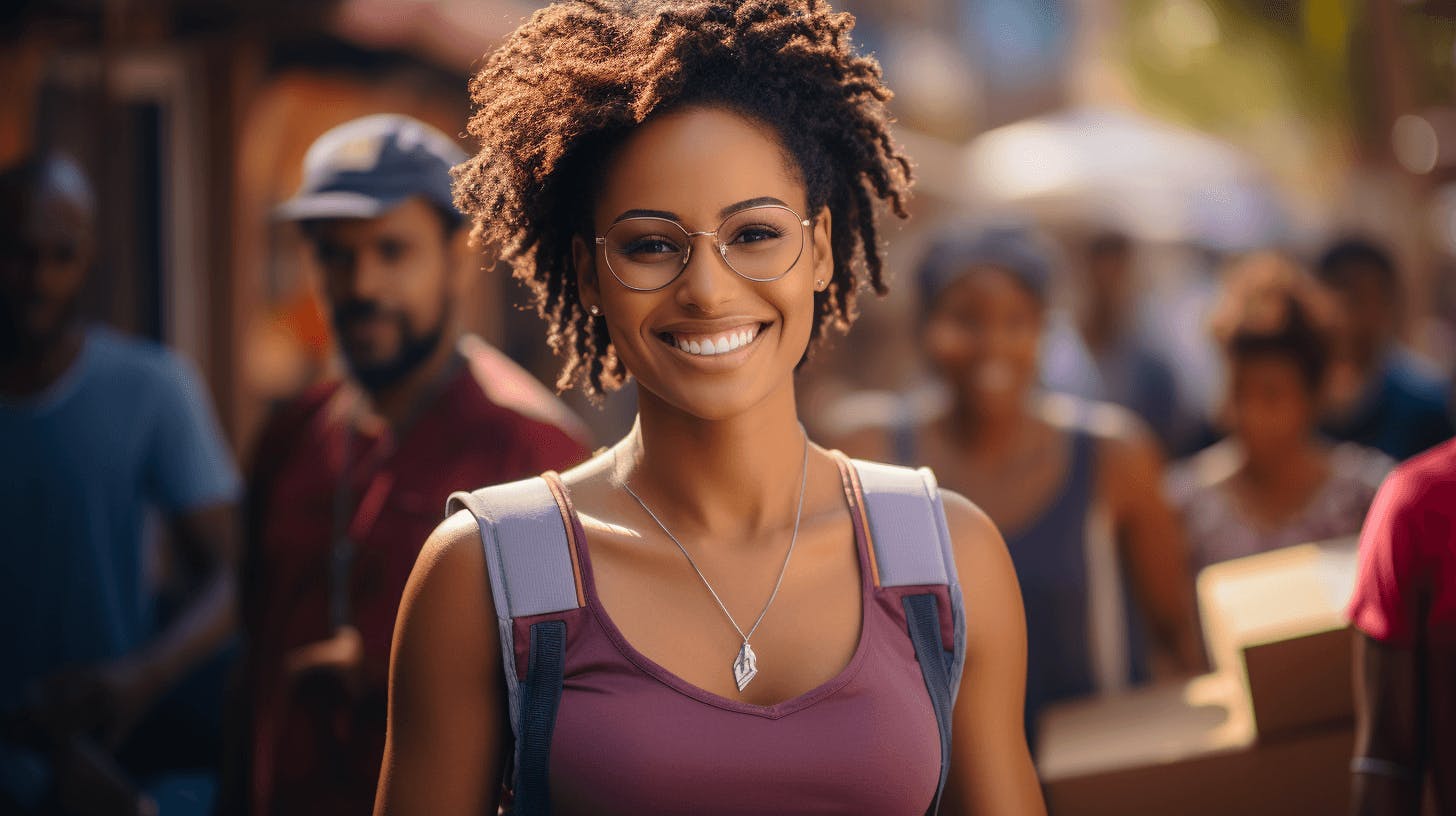 Genç Afro-Amerikan bir kadın etrafından insanlar geçerken gülümsüyor. 
