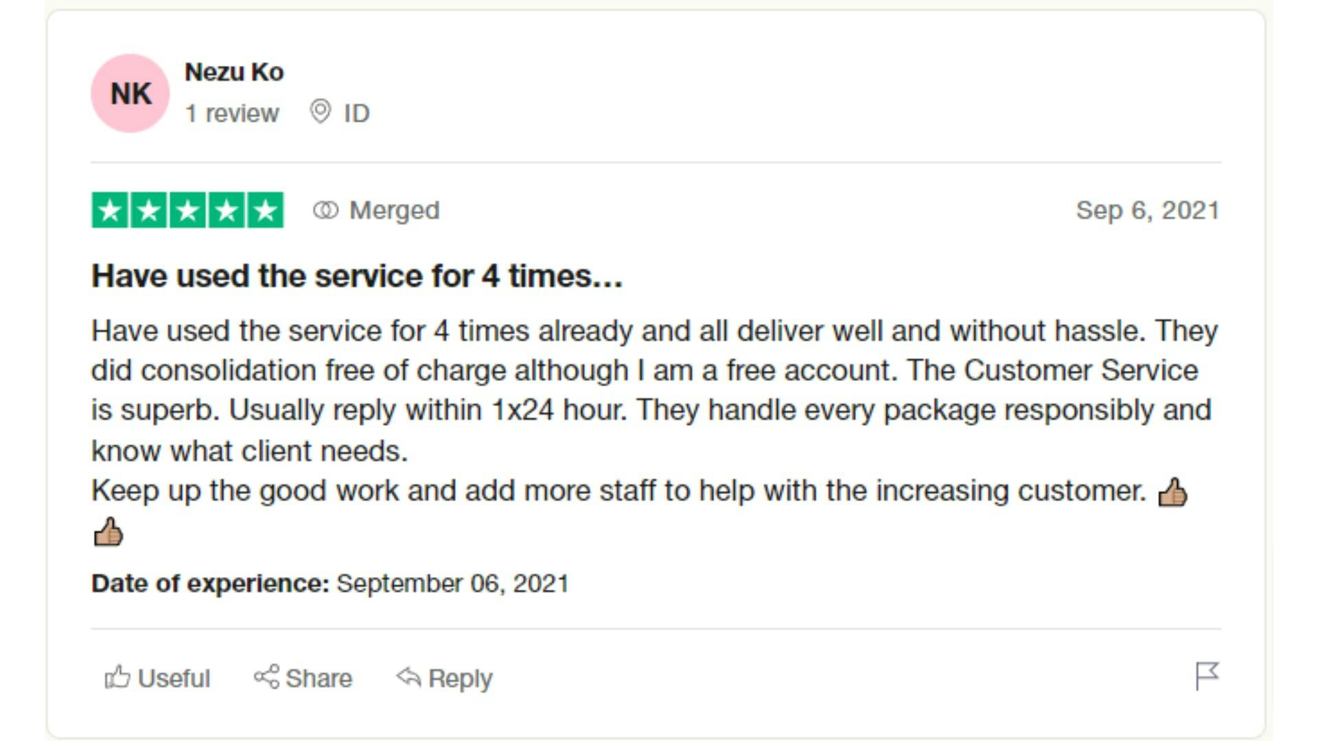 A member of Forwardme from Indonesia's review on Trustpilot.