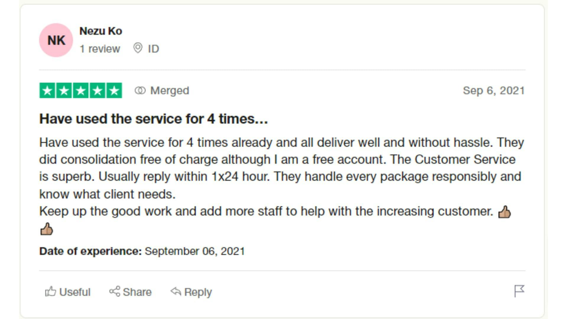 A member of Forwardme from Indonesia's review on Trustpilot. 