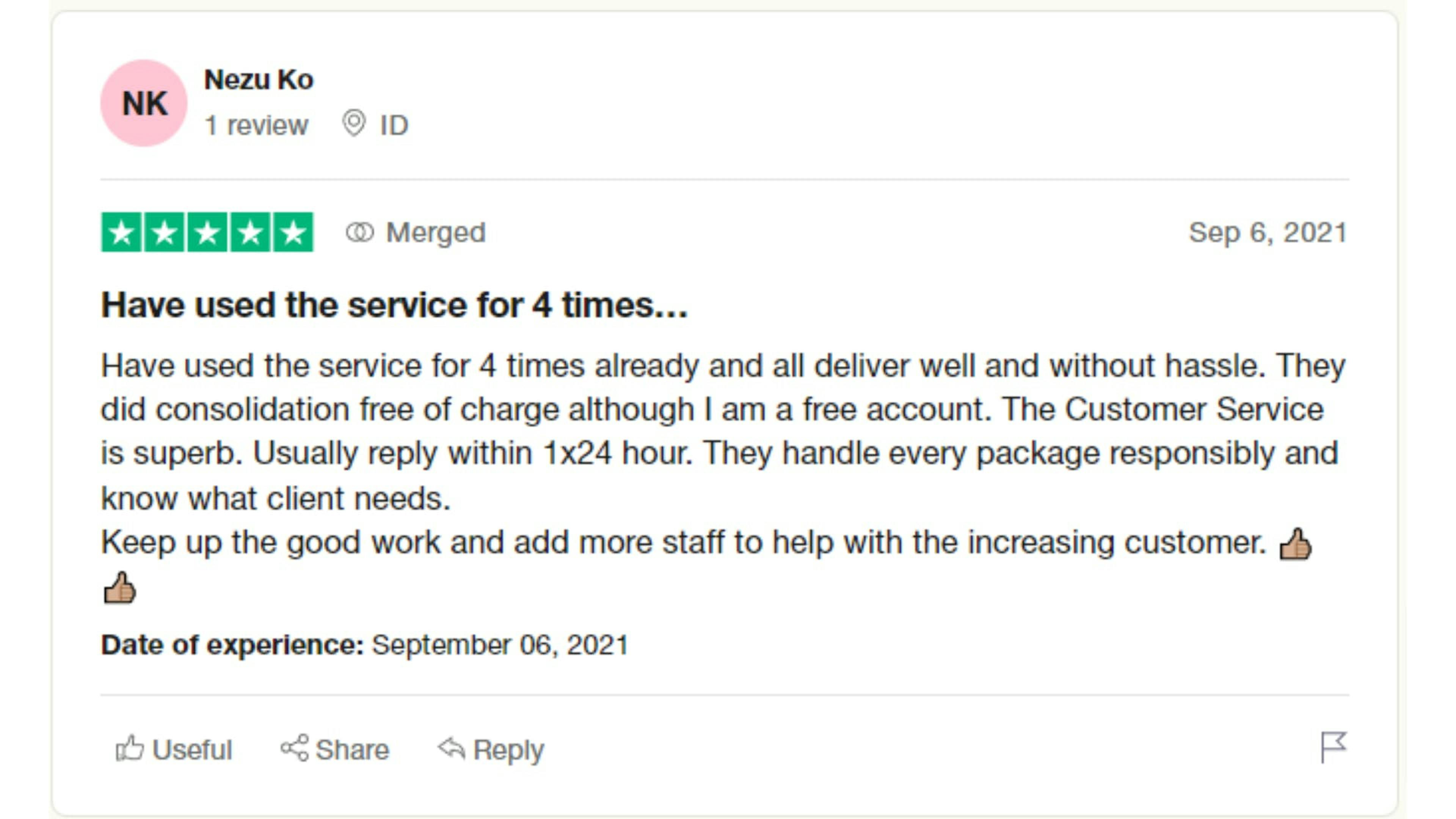 A member of Forwardme from Indonesia's review on Trustpilot. 