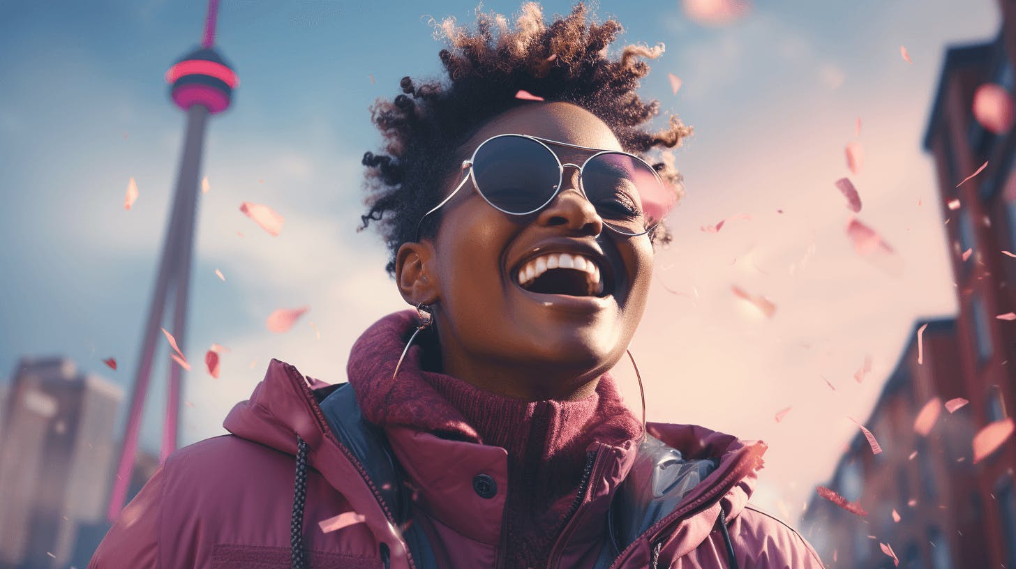 young attractive woman wearing sunglasses with some flakes dangling down from the tower