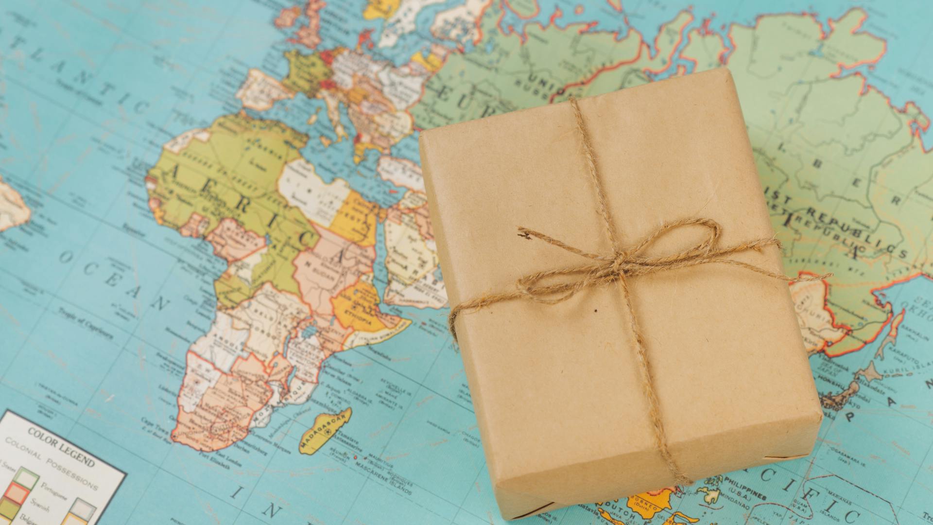A shipping package on a map showing people that they can ship packages internationally with Forwardme.