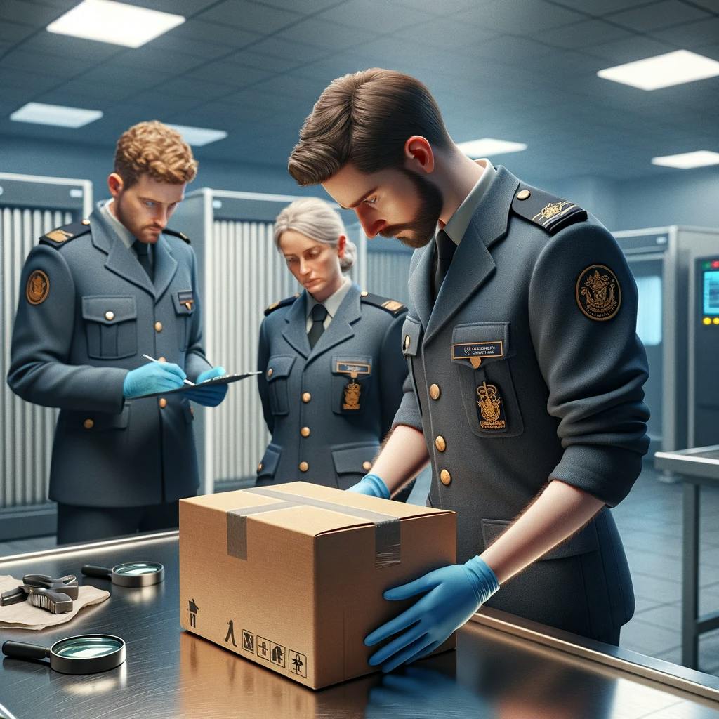 a package being inspected by customs officers in Ireland. a package being inspected by customs officers in Ireland.