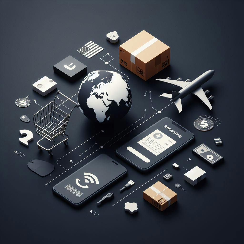 Two phones, a miniature world, shopping cart and plane in the middle of the image, and shopping related icons around them. Two phones, a miniature world, shopping cart and plane in the middle of the image, and shopping related icons around them.