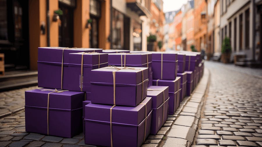 A lot of shipping boxes on the street going to France to be delivered.