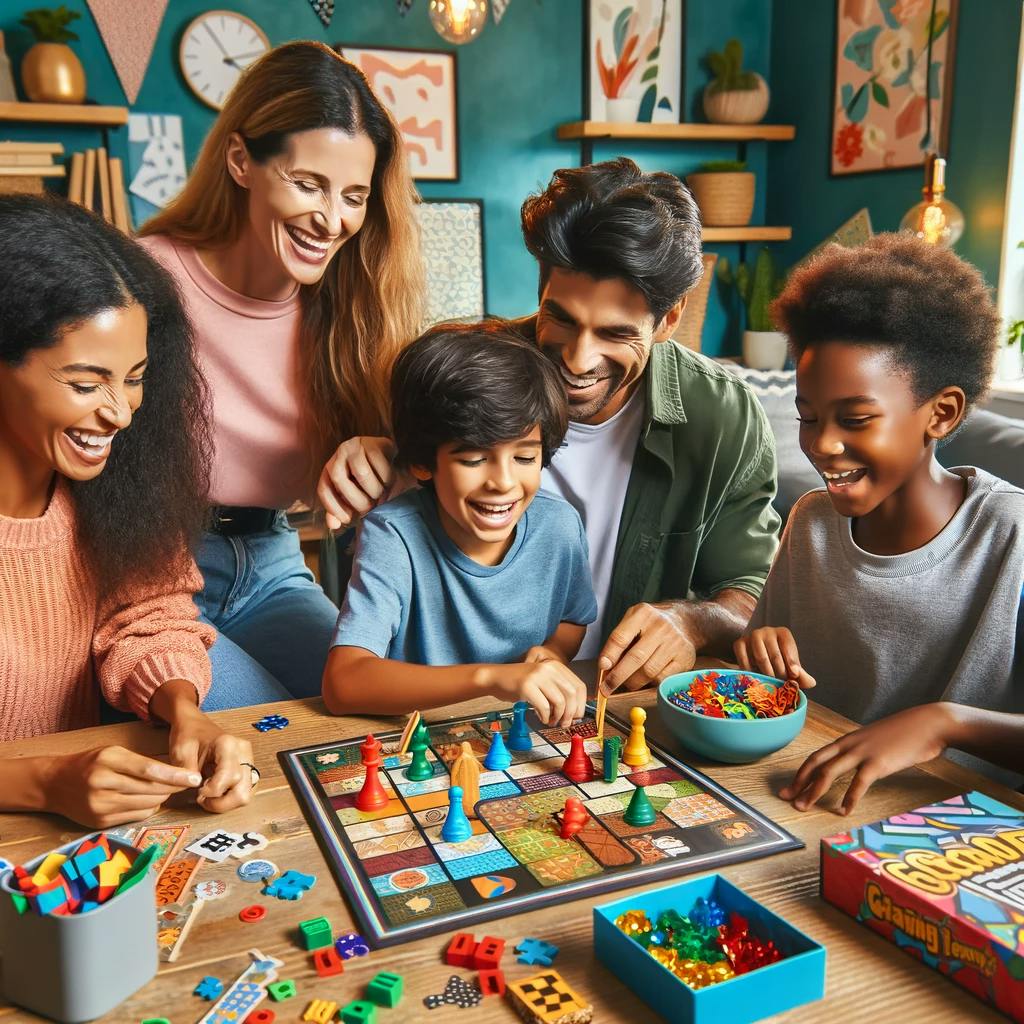 a family enjoying playing mind games, captured in a lively and colorful setting
