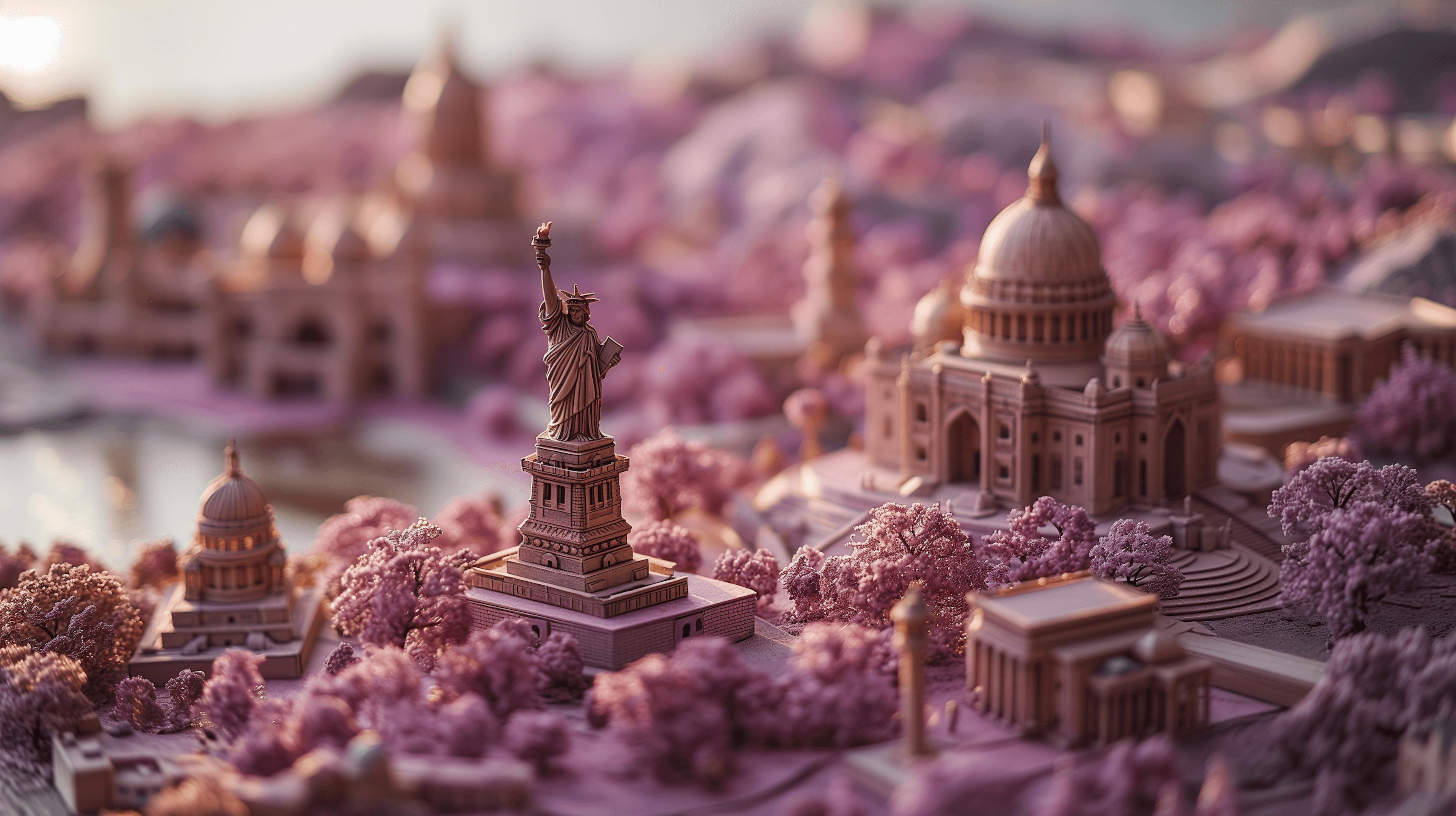 3d images of a purple landscape surrounding the city, in the style of miniature sculptures