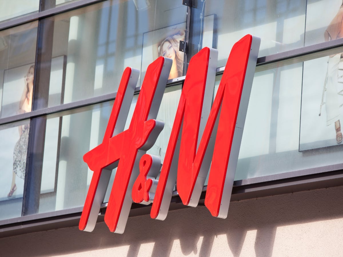 A H&M logo on a building. 