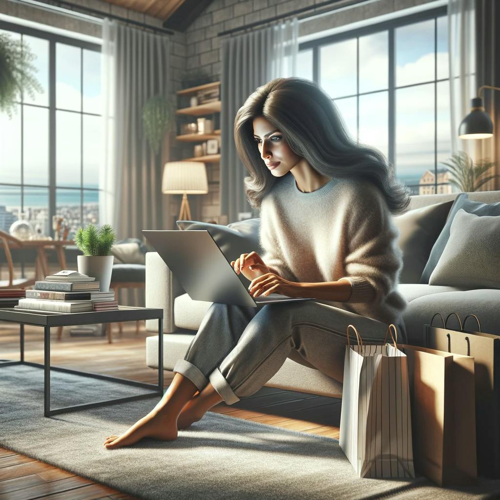 a woman, of Middle-Eastern descent, shopping online from her home. a woman, of Middle-Eastern descent, shopping online from her home.