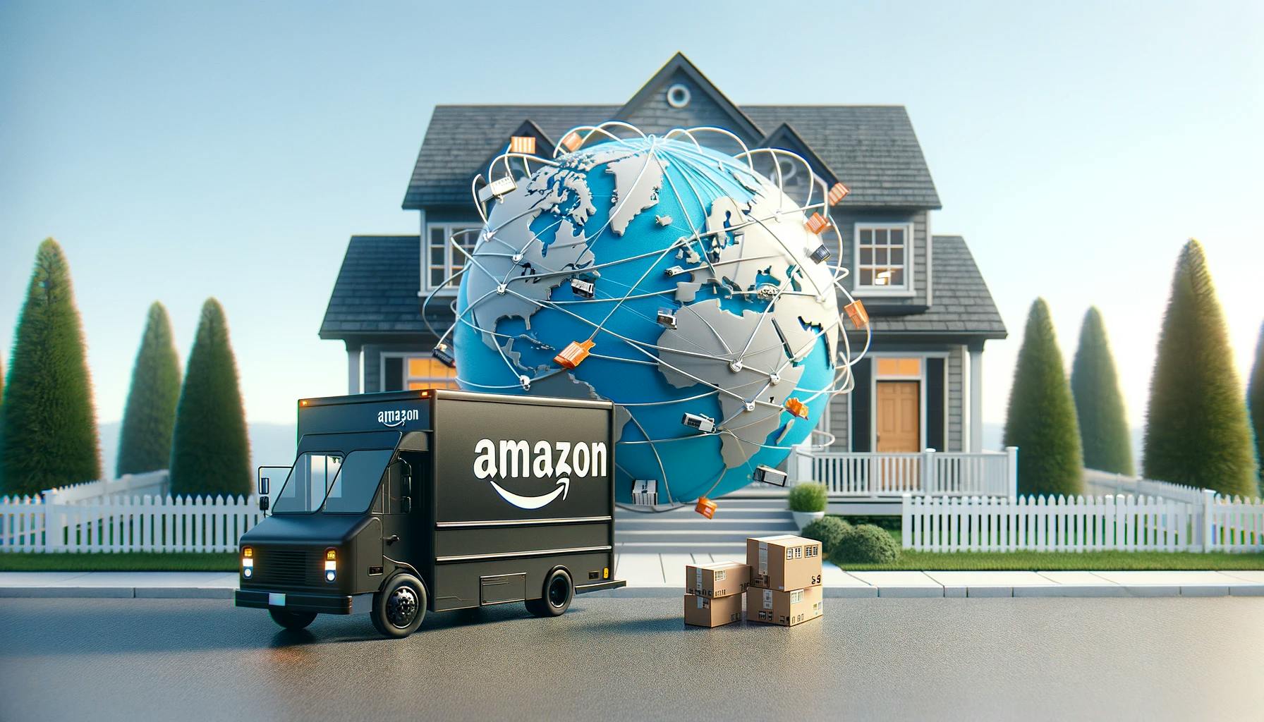 An Amazon truck in front of a house. An Amazon truck in front of a house.