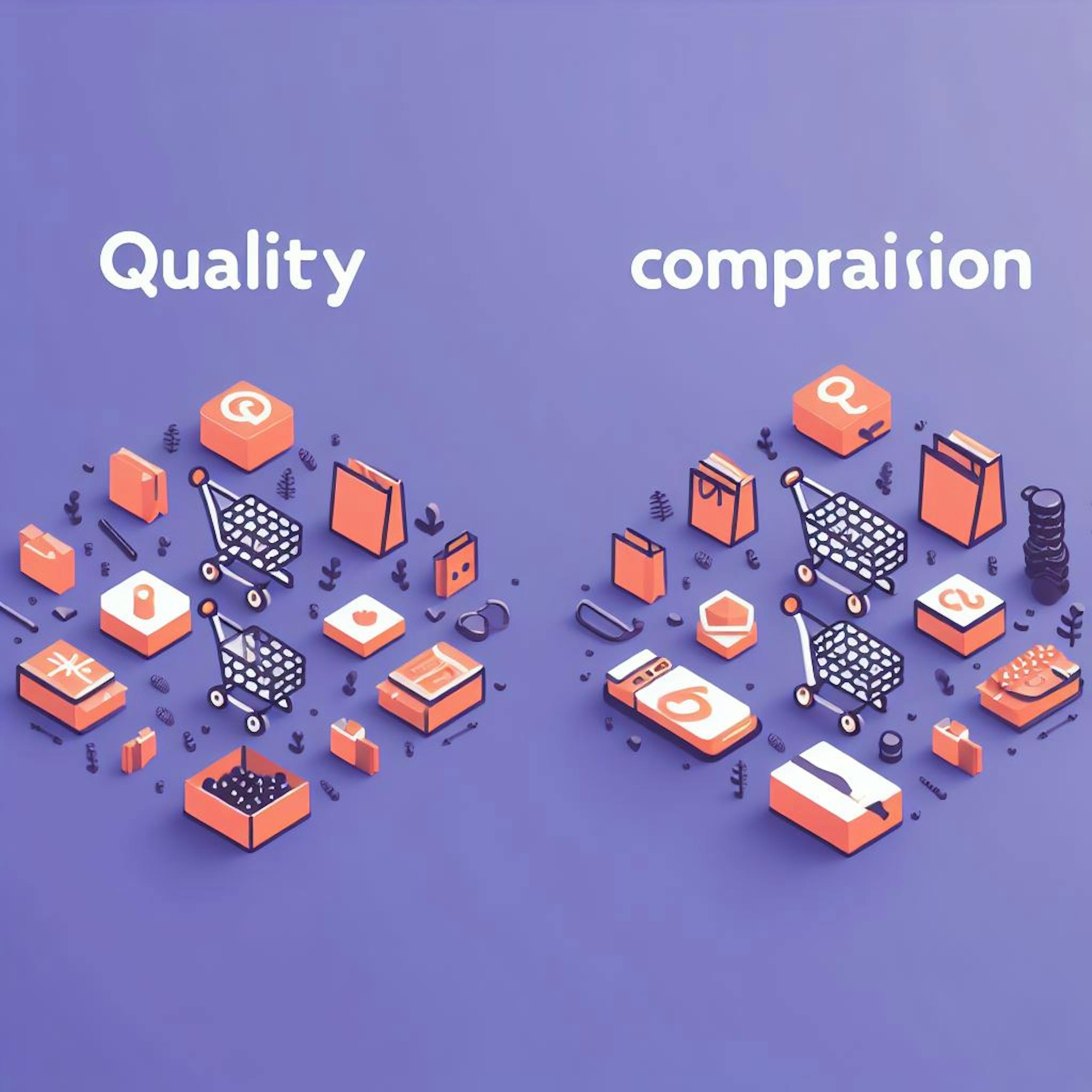 Quality comparison of two group with same icons on purple background. 