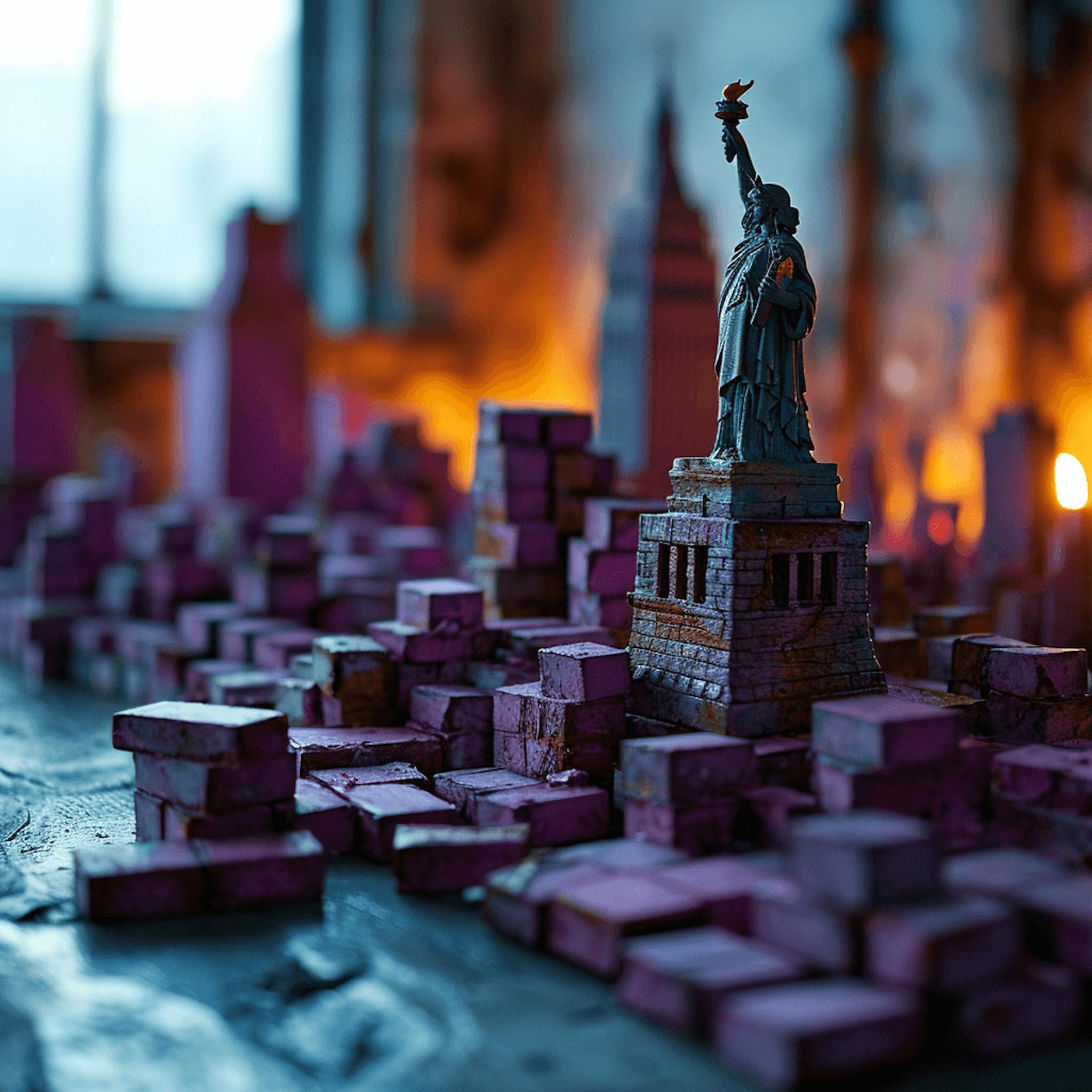 a statue of liberty stands on a pile of purple boxes