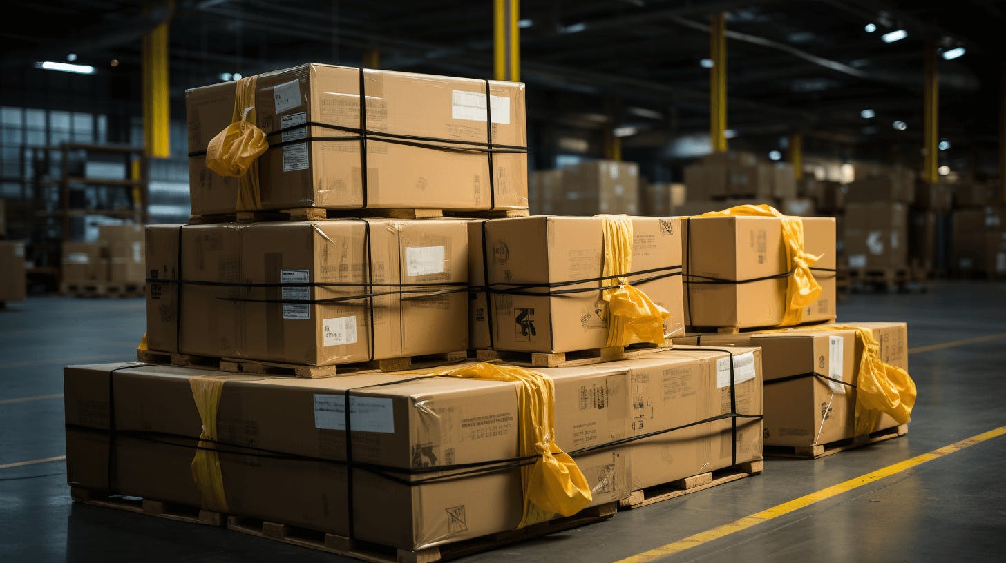 a stack of boxes in a warehouse with yellow straps