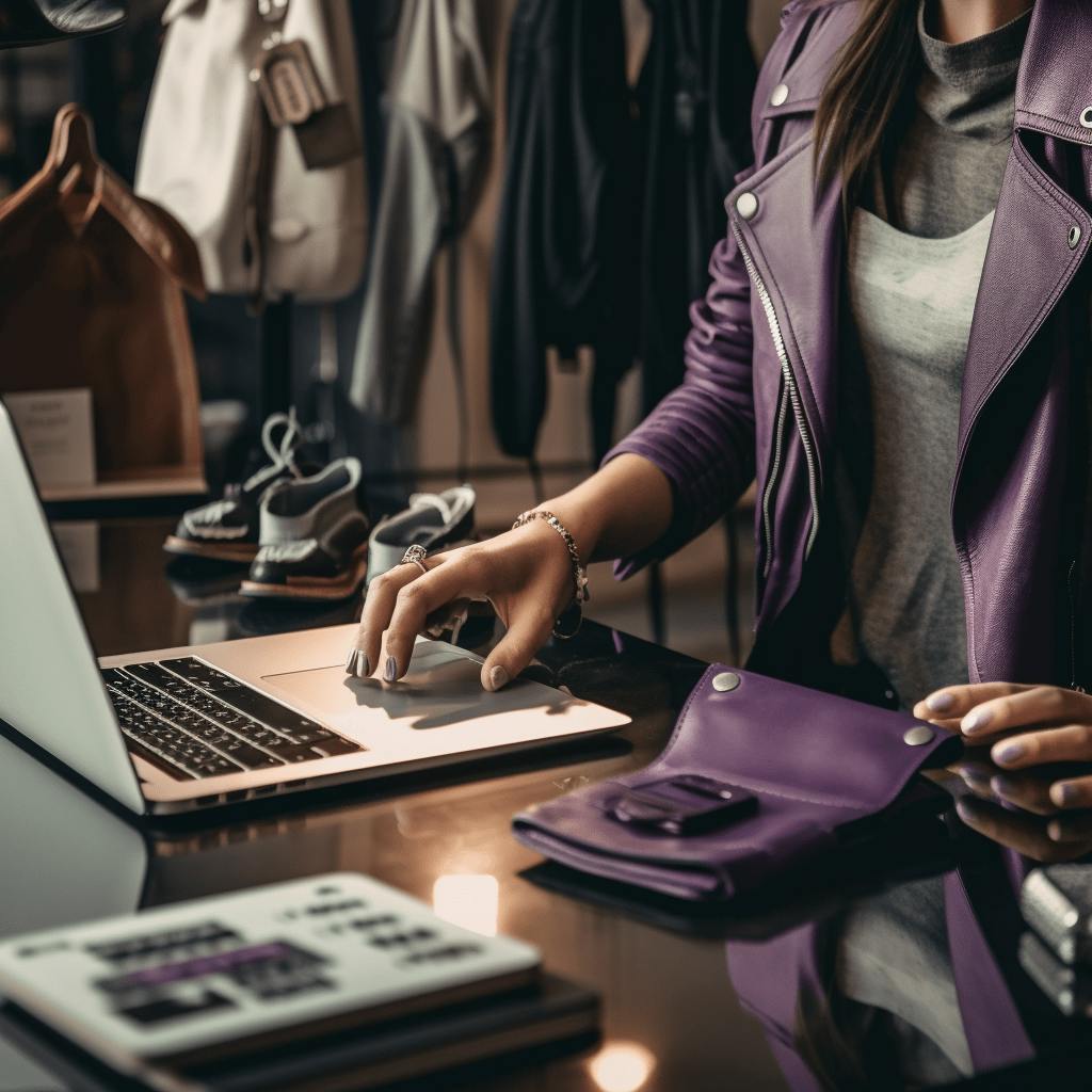 Mor ceketli kadın bilgisayarından online alışveriş deneyimliyor