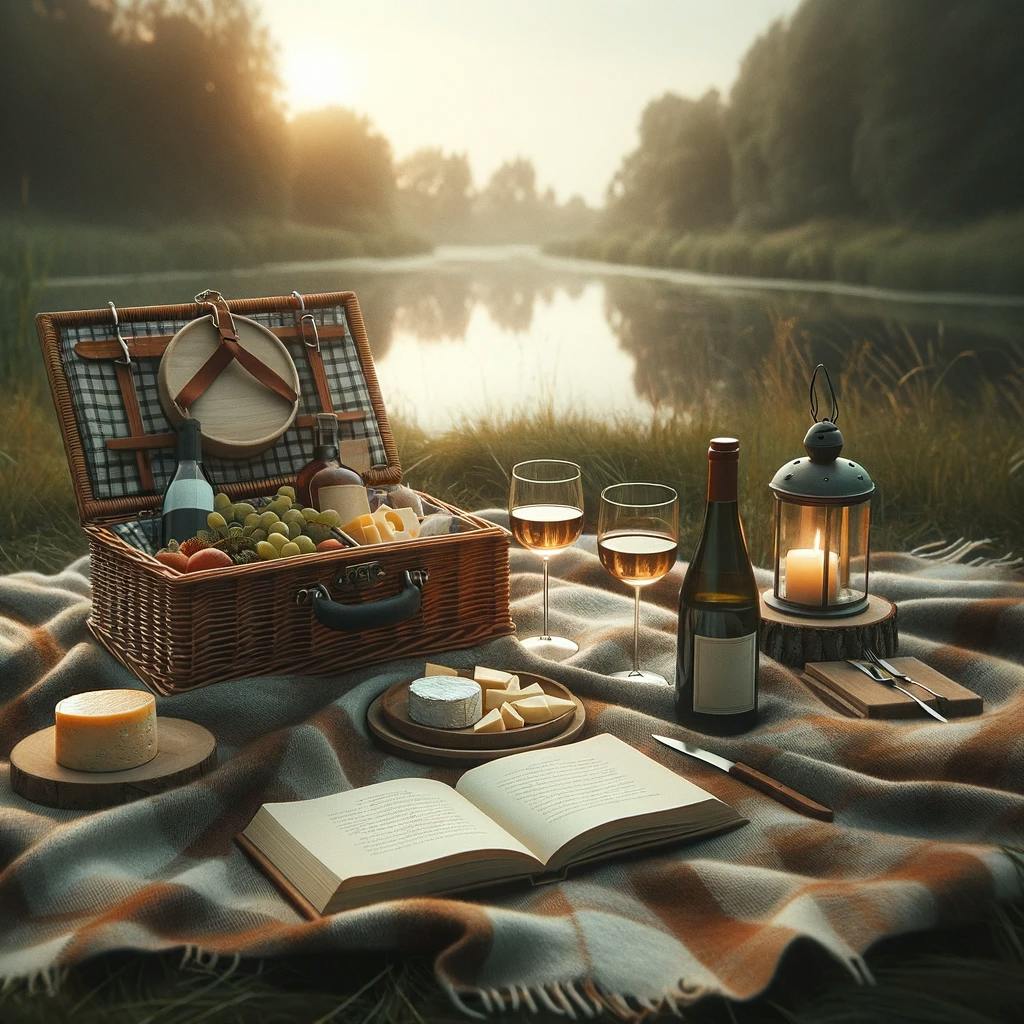A picnic besides a lake on sunset. 