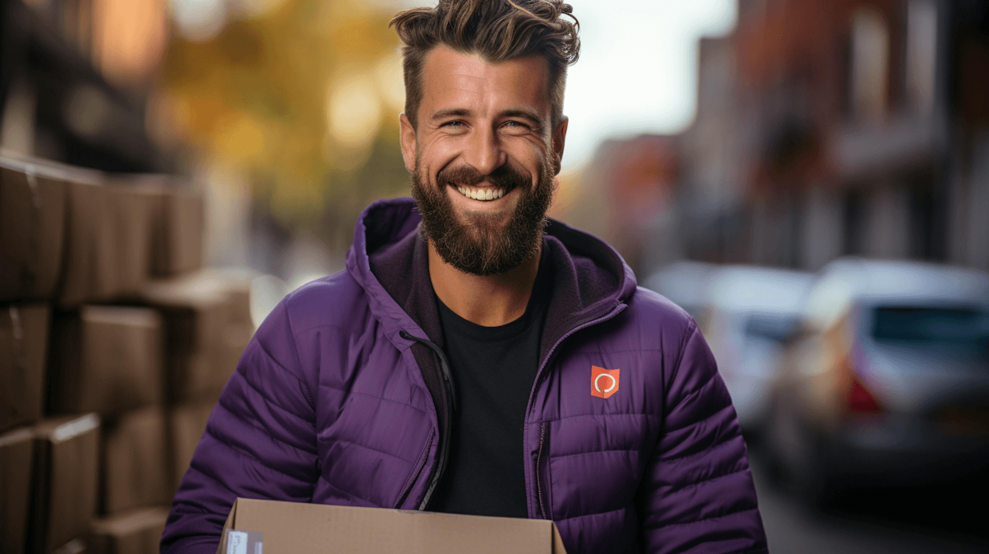 man in purple holding box and smiling with beard, in the style of commercial imagery
