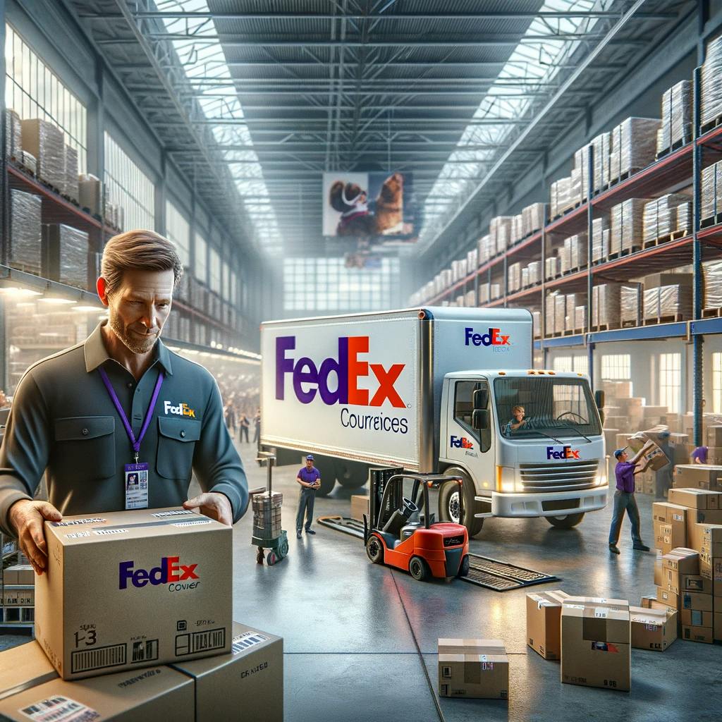a scene focused on FedEx courier services in a logistic center.