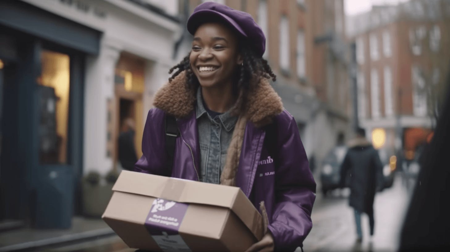 the girl in purple wearing and carrying a box, in the style of advertising-inspired, bloomcore, spot metering, captured essence of the moment, quantumpunk, wrapped, street-inspired