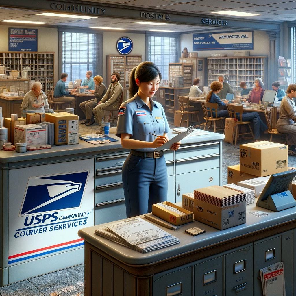 a scene focused on USPS courier services in a post office setting. a scene focused on USPS courier services in a post office setting.