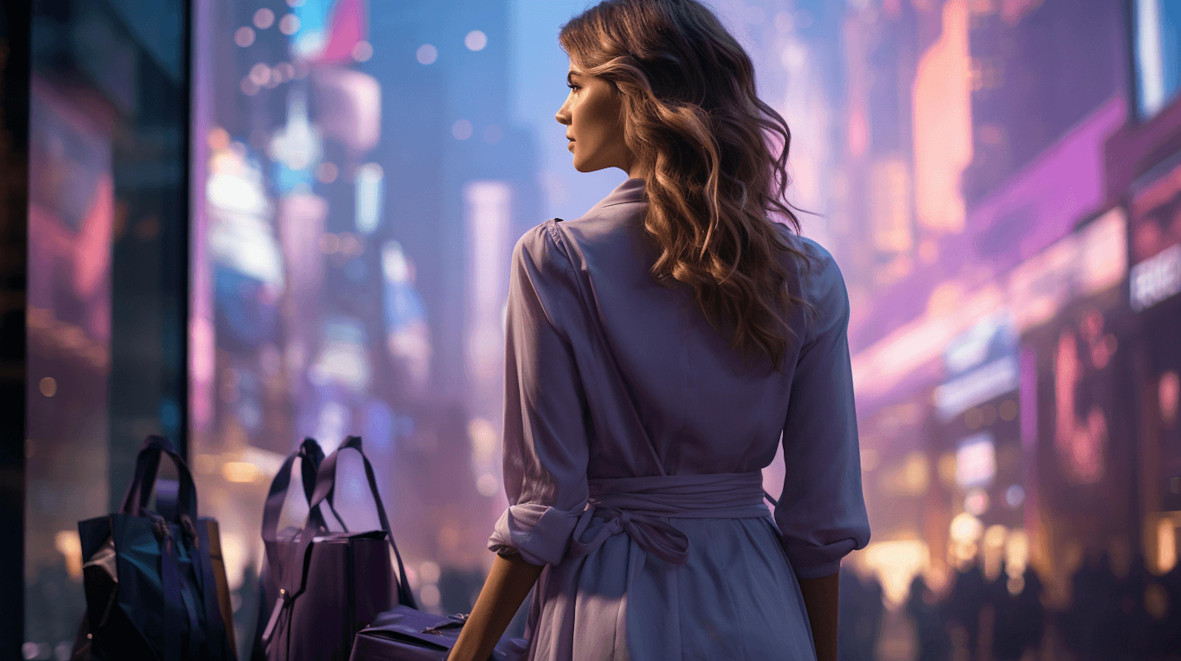 a woman in a dress walking through the city at night