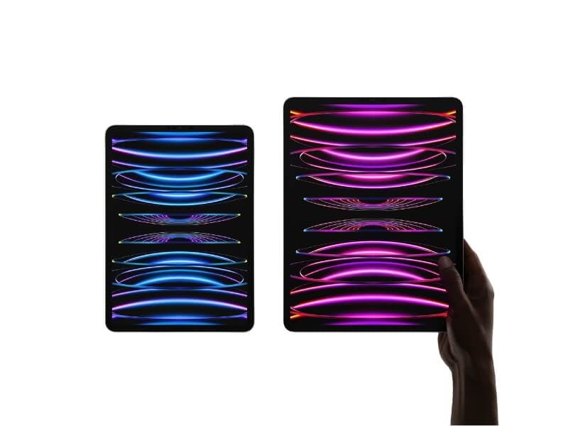 hands holding a tablet with colorful graphics, while holding an iphone, in the style of neon realism, smooth and curved lines, dark black and silver, symmetrical designs, i can't believe how beautiful this is, minimalist stage designs, elongated figures 
