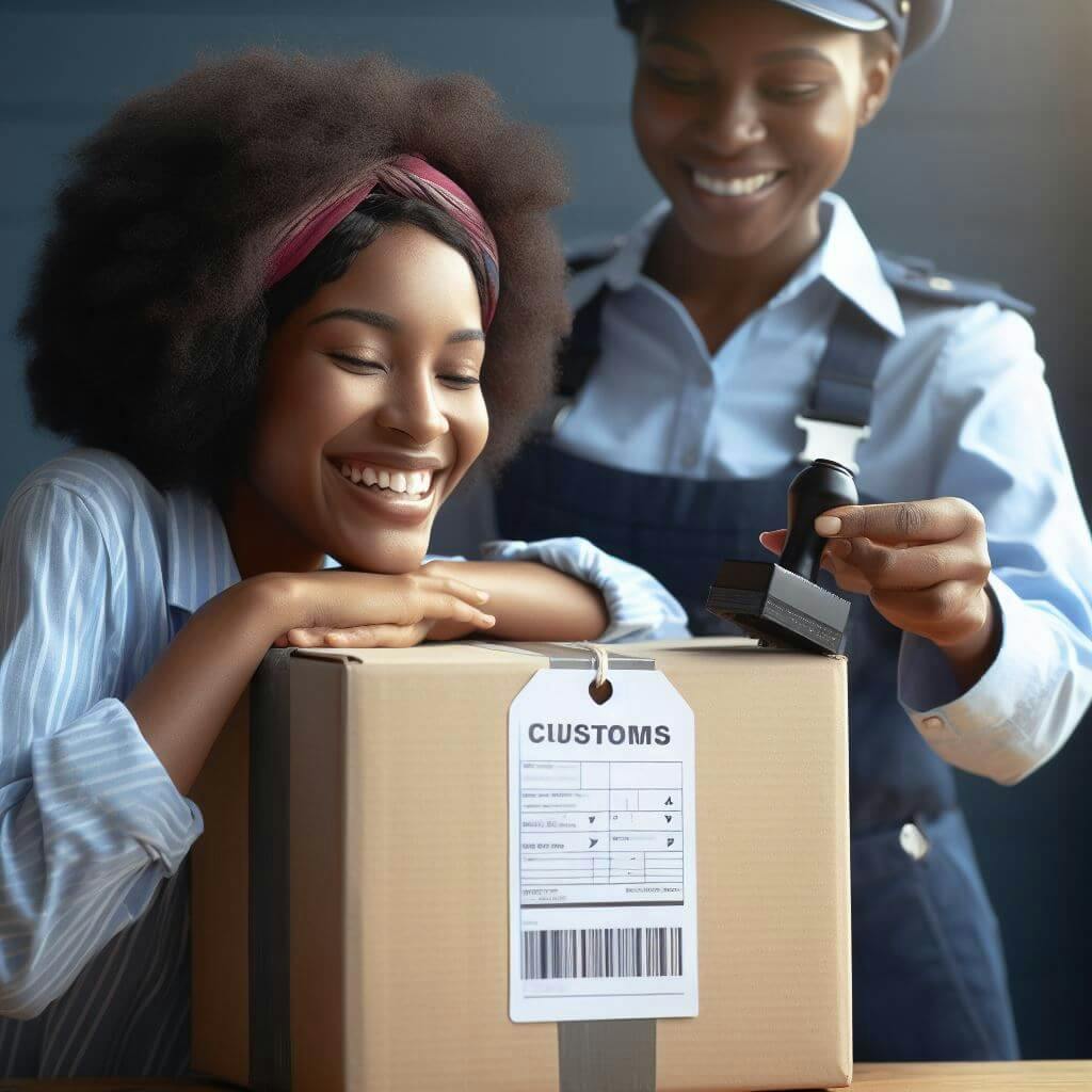 a courier is stamping a box in front of a woman in dress shirt a courier is stamping a box in front of a woman in dress shirt