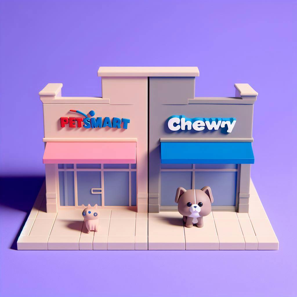Two retailer stores; PetSmart vs Chewy side by side, pets in front of them. 