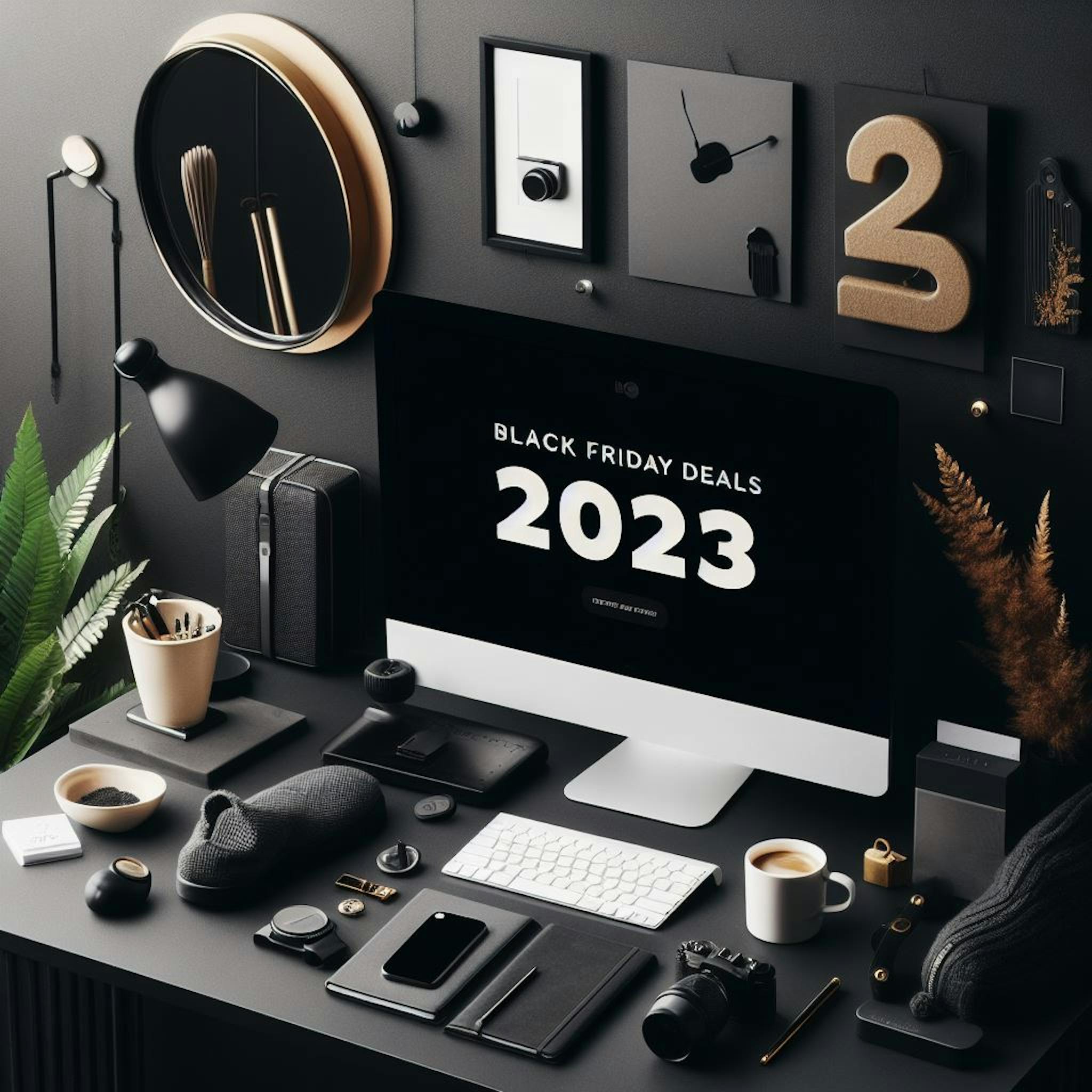 Different kind of items on a black theme, 2023 written on it. 