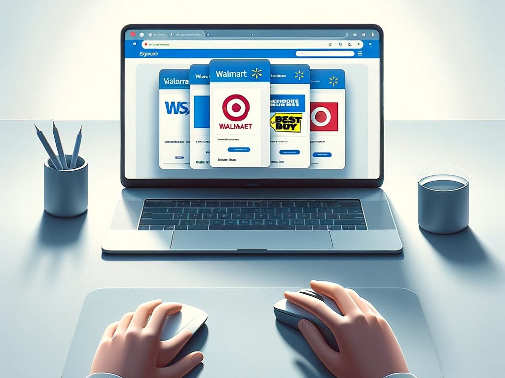 minimalist and realistic scene of someone shopping online internationally from retailers like Walmart, Target, and Best Buy